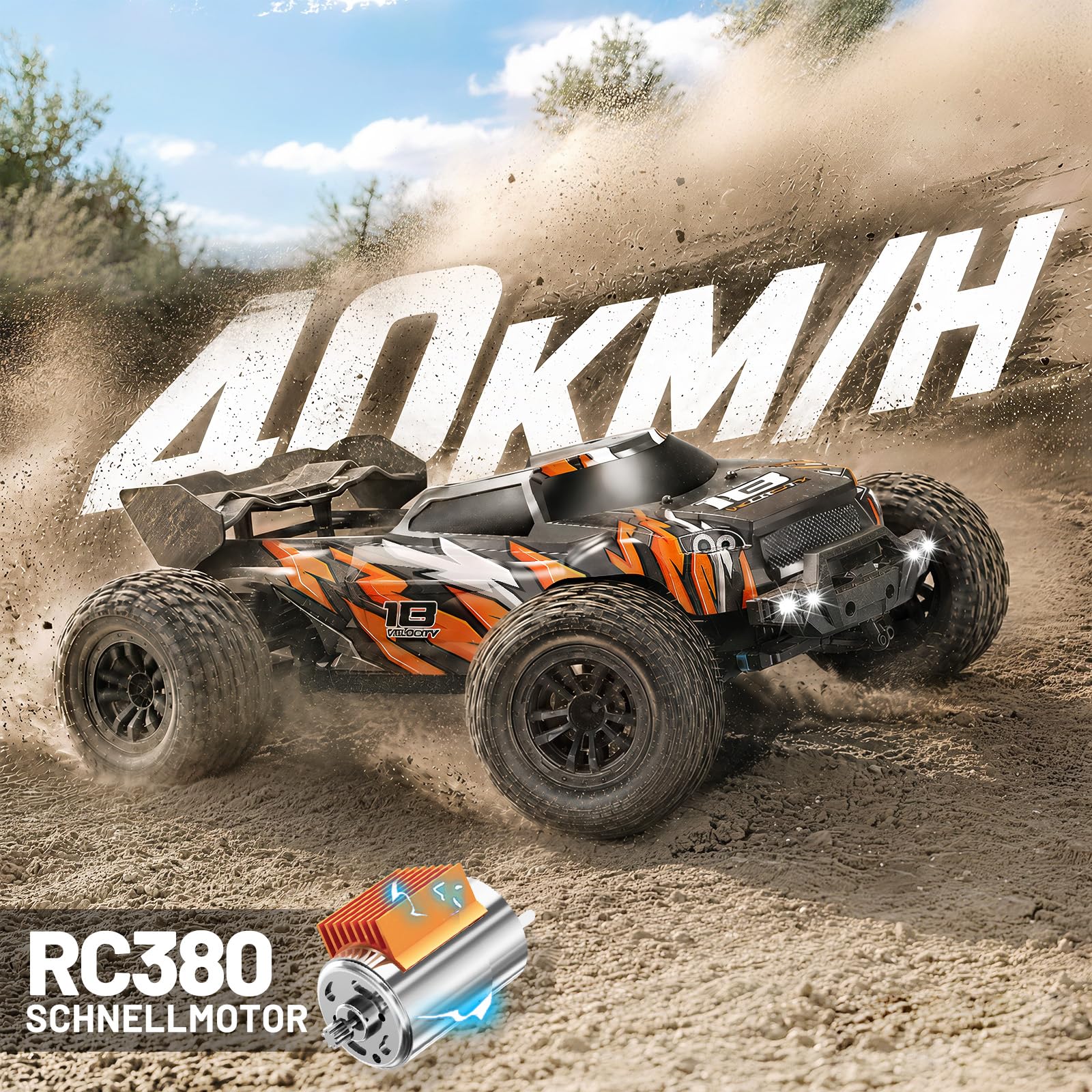 Coche teledirigido 1:18 4WD RC Monster Truck, 40 km/h Offroad Desert Truck con motor 380, luz LED, 2,4 GHz, control proporcional completo, batería de 7,4 V, 1300 mAh, para niños y adultos