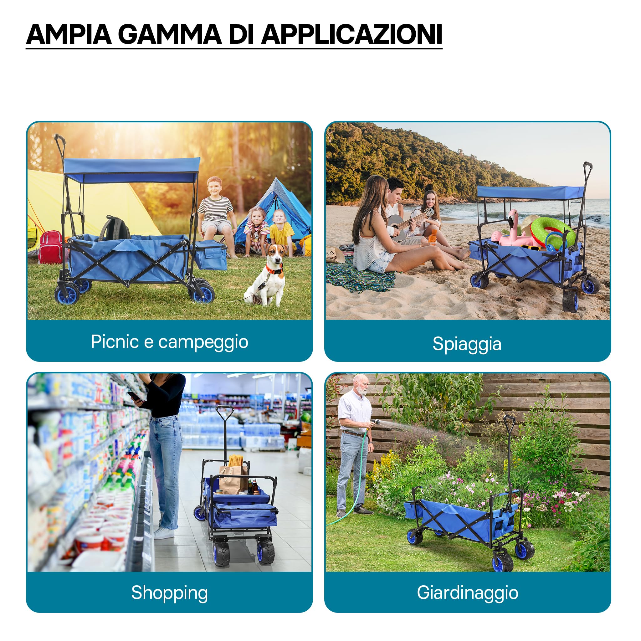 Wiltec Carretto a mano pieghevole, max 70 kg, tessuto impermeabile blu, Carrello spiaggia con parasole