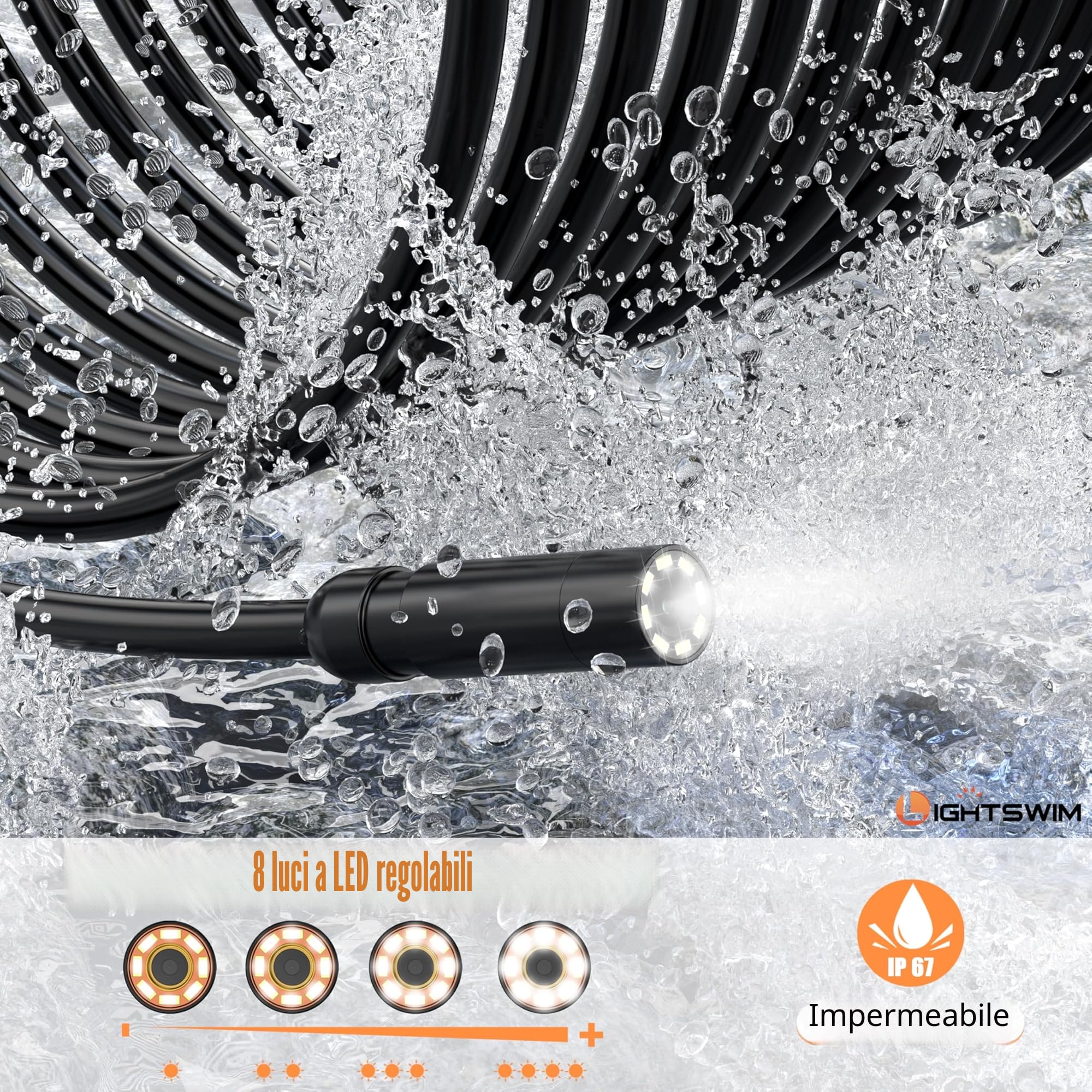 Lightswim - Boroscopio digitale industriale HD 1080P, telecamera di ispezione endoscopio IPS da 4,3" con palmare IP67, impermeabile, con 8 luci LED, cavo semirigido da 5 m