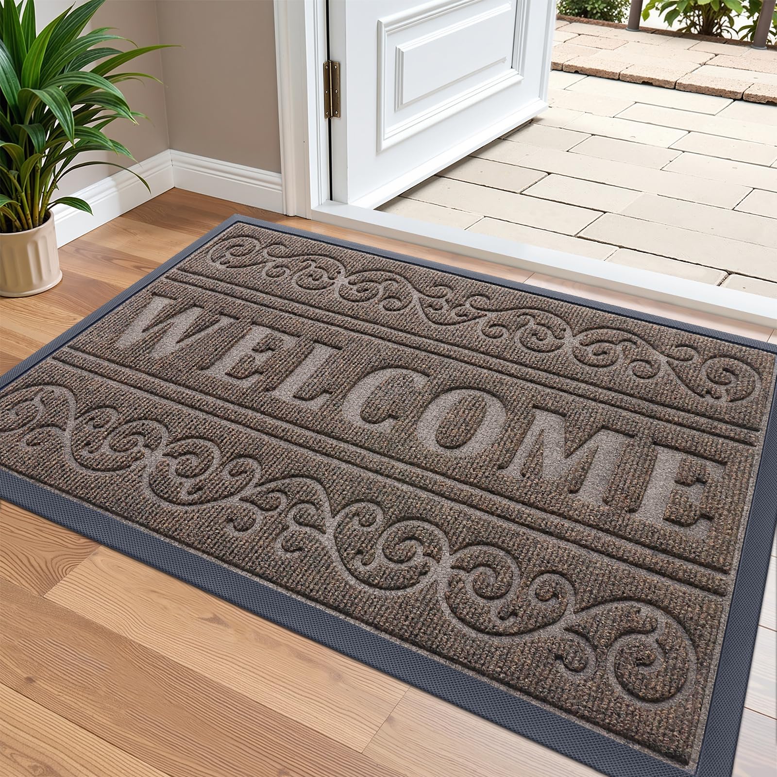 OLANLY Welcome Door Mat Indoor Outdoor 36x24, Heavy-Duty Rubber Doormat | Medium Brown, Waterproof All-Weather, Stain Resistant, Low-Profile Floor Mat for Patio, Entrance and Entryway, Easy to Clean