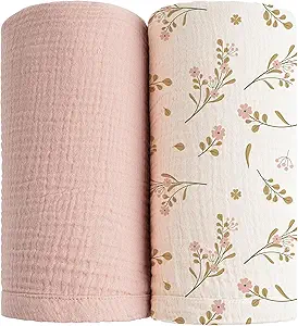 Konssy Muslin Swaddle Blankets for Boys Girls, 2 Pack Receiving Baby Blanket Large 47 x 47 inches, Soft Breathable Swaddling Wrap for Unisex Newborn (Pink, Floral)