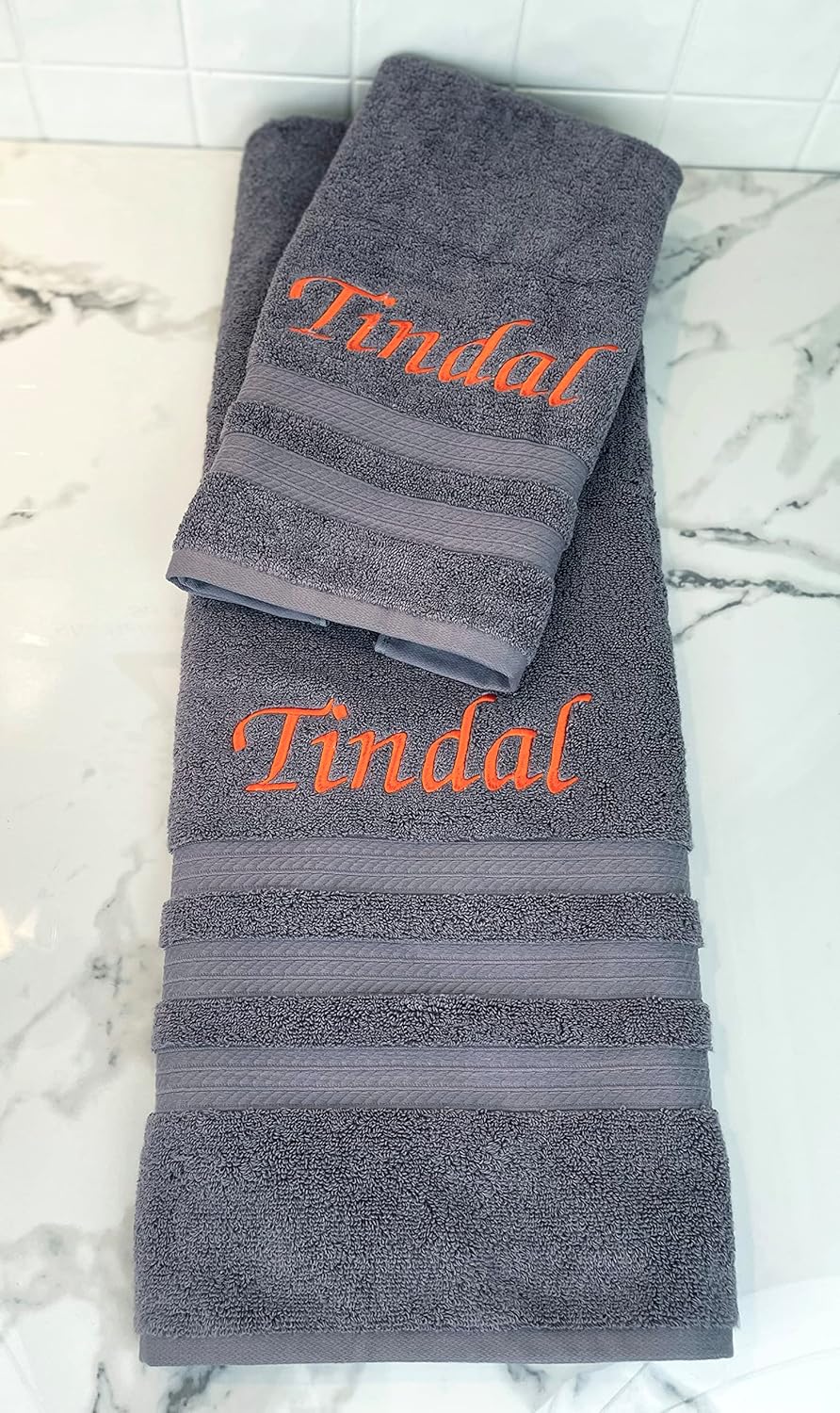 Liberty21 Custom Embroidered Bath Towels: Personalized Monogrammed Towel Set. Luxury Embroidered Bath & Hand Towels, 100% Cotton. Set Includes 1 Bath Towel and 1 Hand Towel. (Grey)