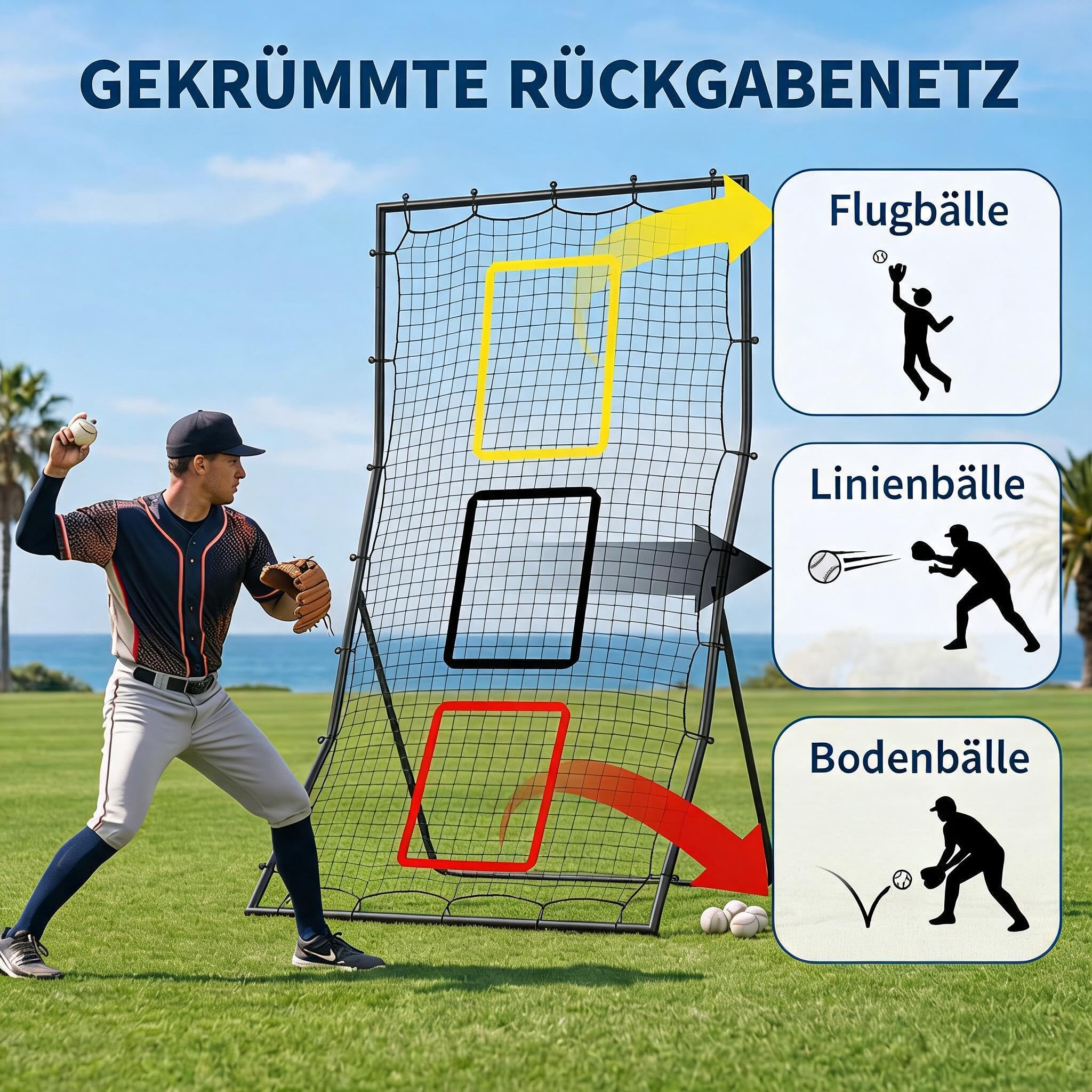 Baseball- Und Softball-Rückprallnetz 183 x 122 cm, Pitching- Und Fielding-Rebounder Mit 3 Zielzonen, Trainingsnetz Für Wurf-, Fang- Und Schlagtraining
