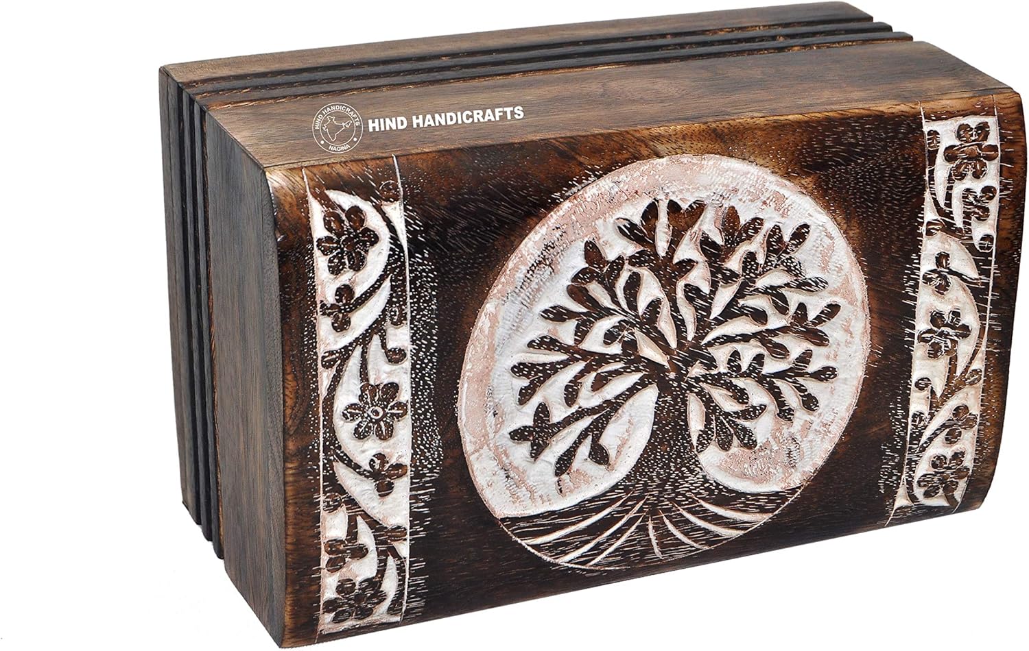 Antique Handmade & Handcrafted Rosewood Borders Engraving Wooden Cremation Box Urns for Human Ashes Adult, Funeral Urn Box - 200 Cu/in or lbs (Tree-3, Whitewashed)