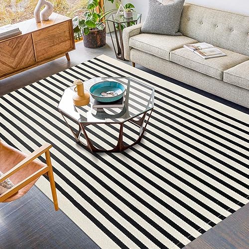Vista 122 de KILOCOCO Alfombra de rayas beige de 2.3 x 3.6 pies para interiores y exteriores, alfombra tejida a mano de algodón lavable a rayas para puerta Rayas