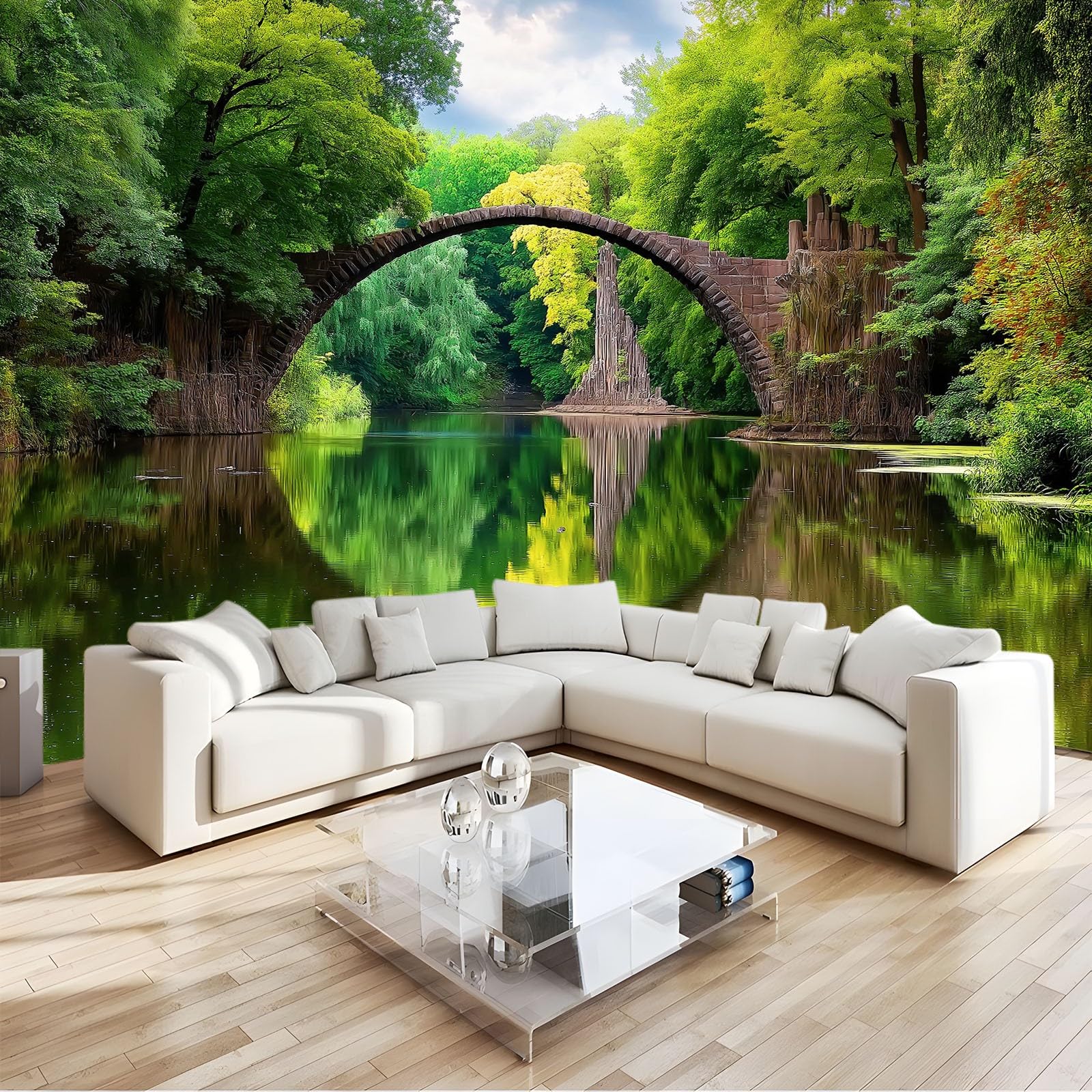 Fototapeta z włókniny 400 x 280 cm, klasyczna mozaika kamienna, odbicie, las, ogród, szałwia - tapeta ścienna do salonu i sypialni, jakość premium, dekoracja ścienna