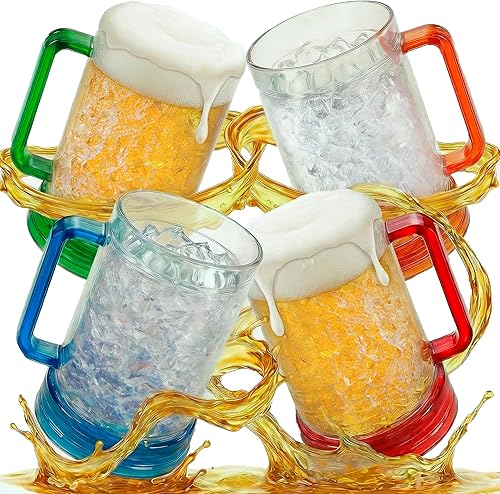 Tazas de cerveza para congelador (juego de 4), vasos de doble pared de 16 onzas, tazas de enfriamiento congeladas con asas codificadas por colores,