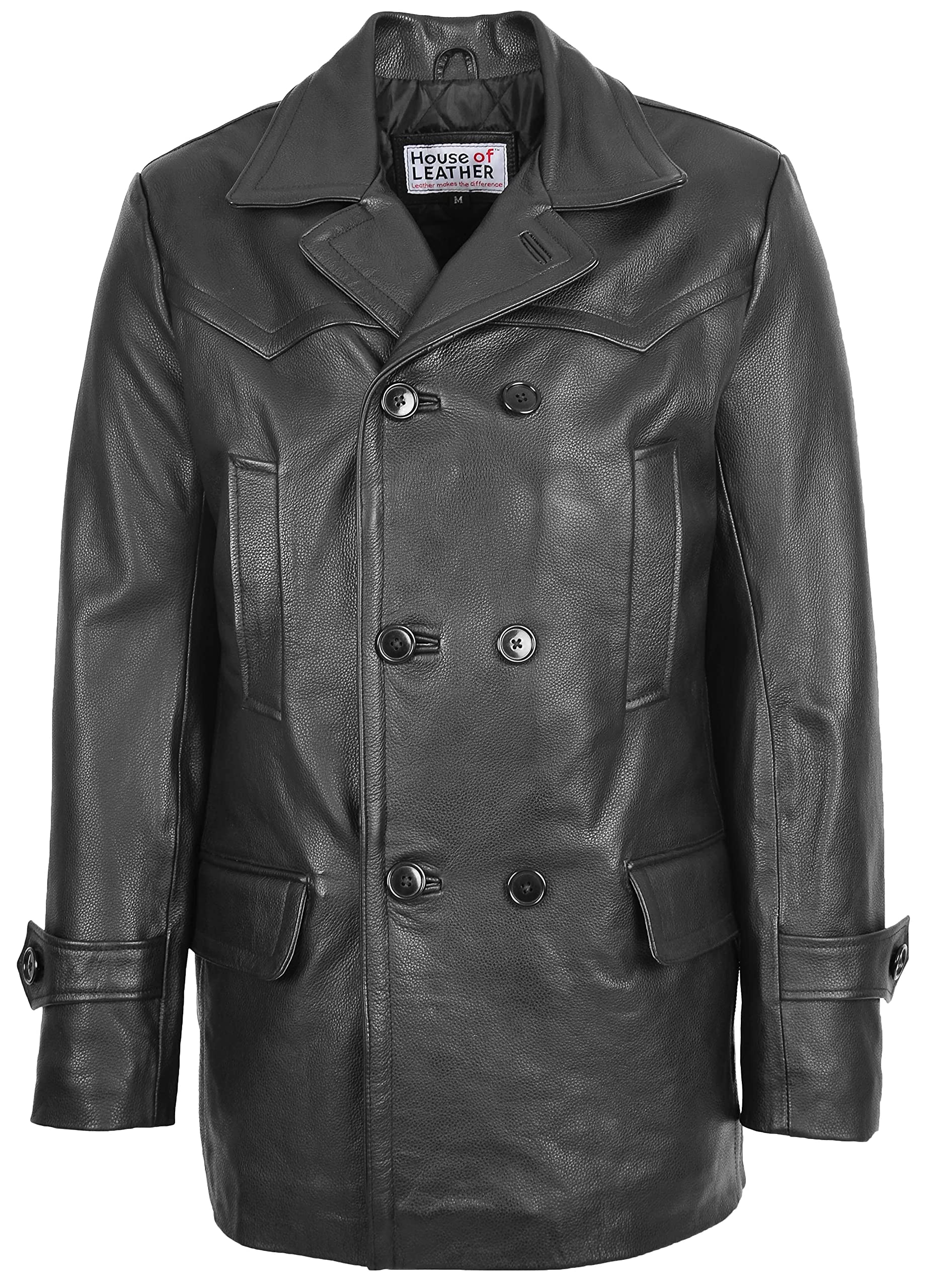House Of Leather Men's Black Real Leather Coat Double Breasted Peacoat Style Salcombe (2Xl, )