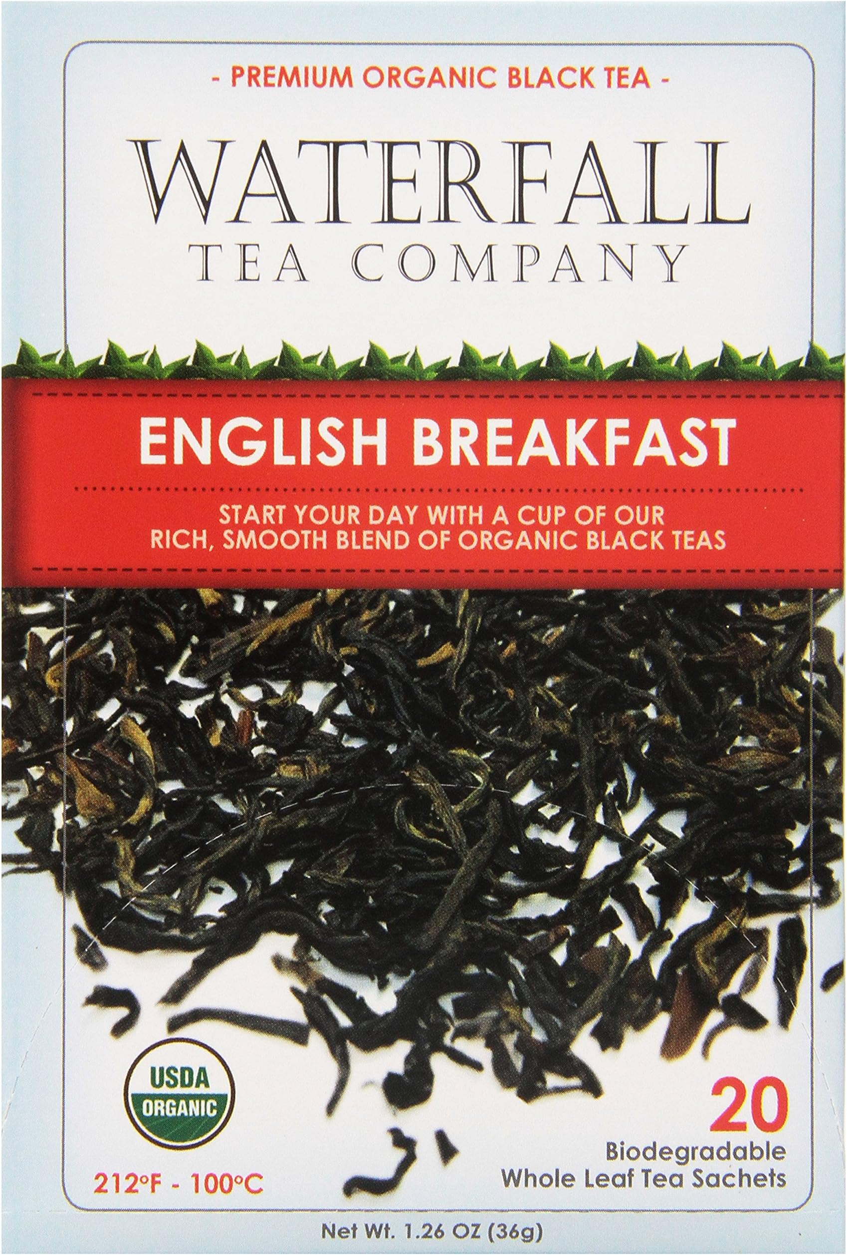 Waterfall Tea Company Organic English Breakfast Tea, 20 Count, 1.26 Oz, (Pack of 6)