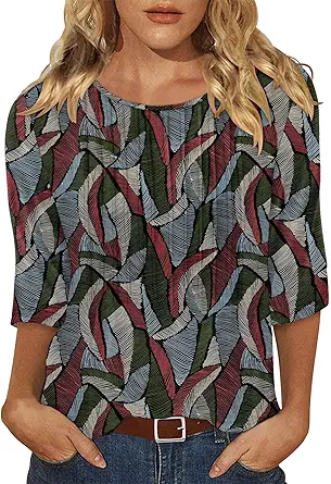 KISSMODA Tunic Tops for Women Loose Fit Dressy Round Neck Pleated 3/4 Length Sleeve Spring Tops