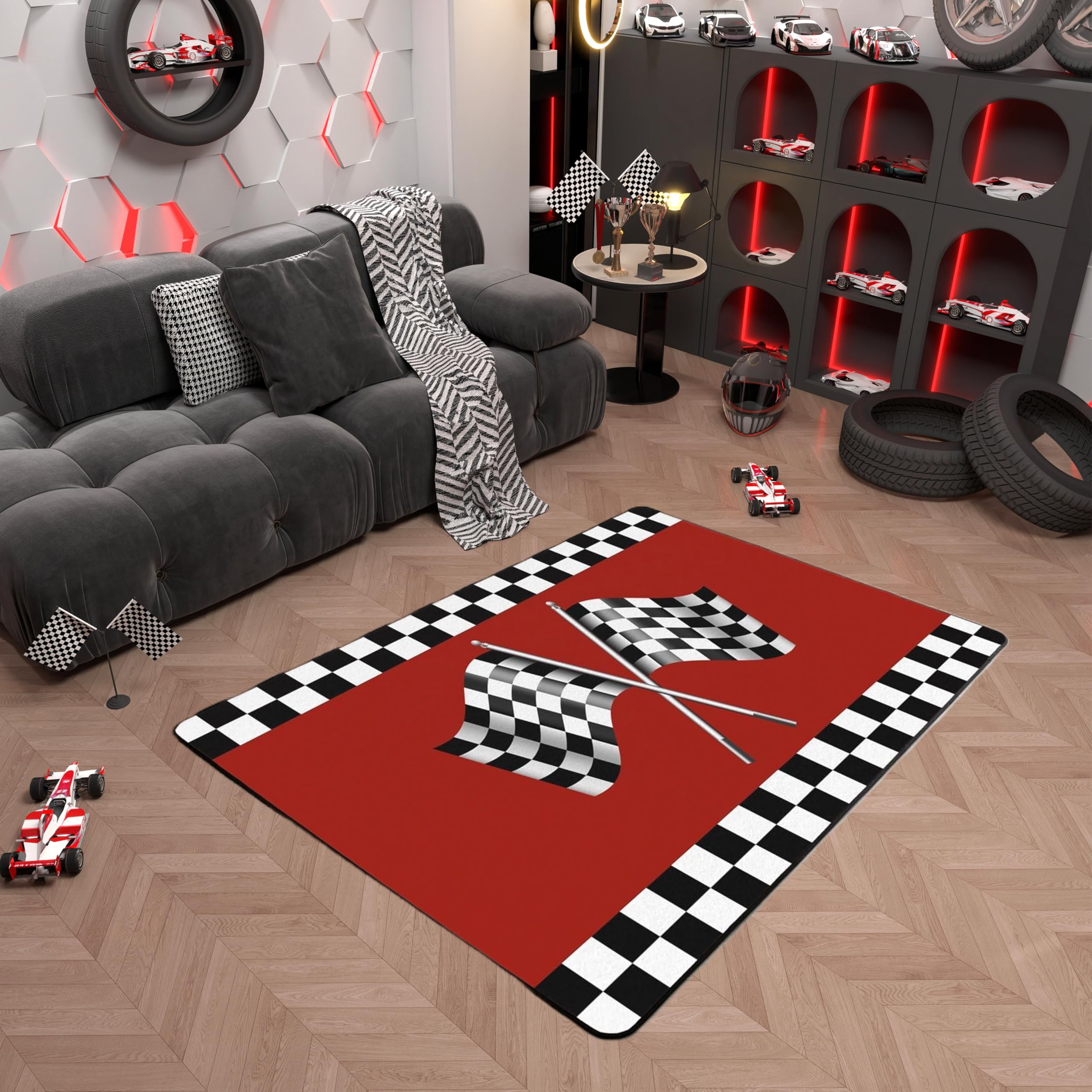 Checkered Flag Print Area Rug 5x6'6'', Race Car Themed Rug for Bedside Living Room Backyard Sofa Decoration,Red Black White Geometric Grid Plaid Decor