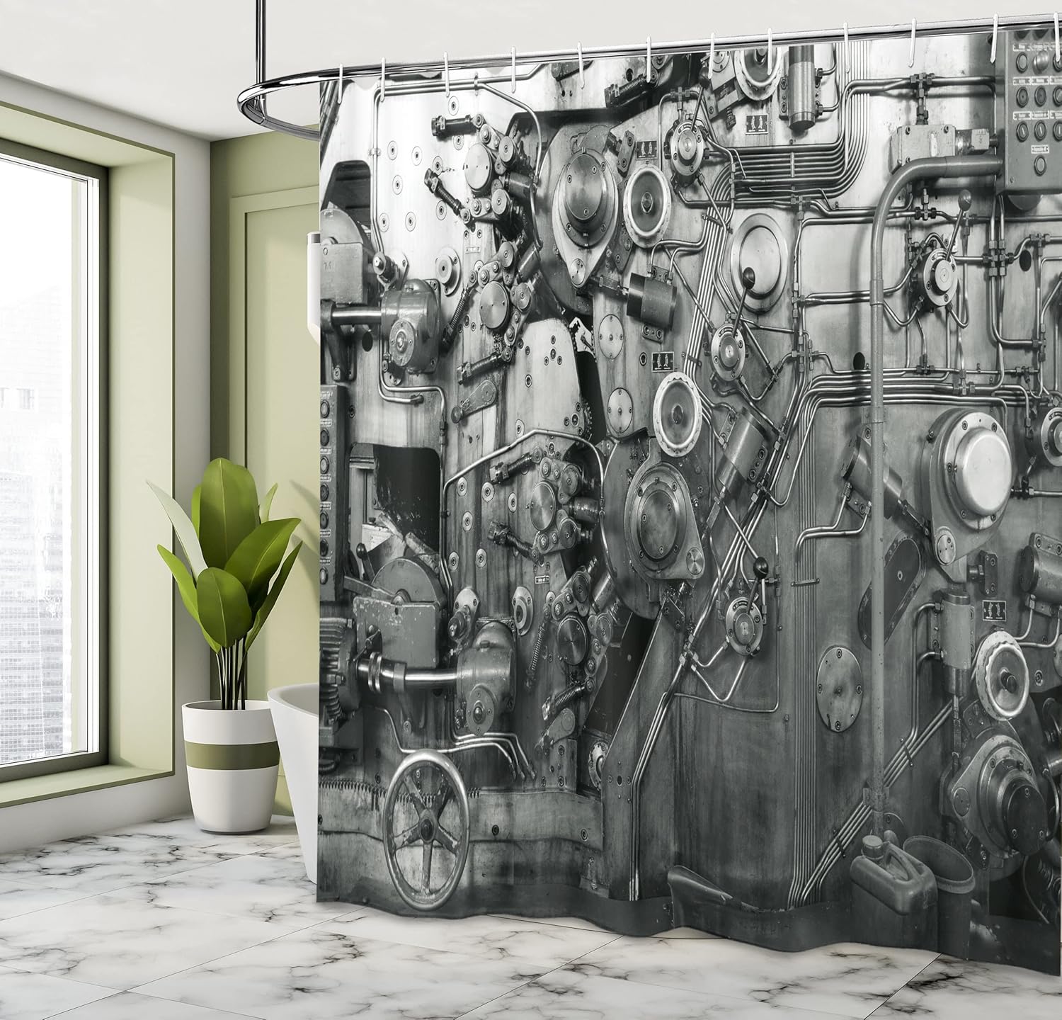 Ambesonne Industrial Shower Curtain, Modern Times Detail of Rusted Machine in Factory Physical Equipment Process, Cloth Fabric Bathroom Decor Set with Hooks, 69" W x 70" L, White Black