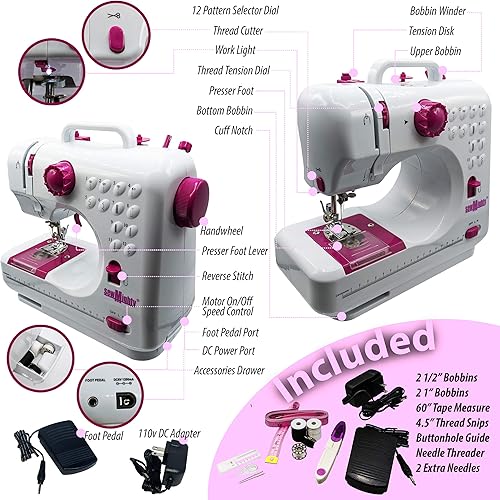 Miniatura 6 de Sew Mighty Mini máquina de coser portátil y kit de costura, 12 patrones de puntada preprogramados, funciona con batería y CA, doble velocidad, cose