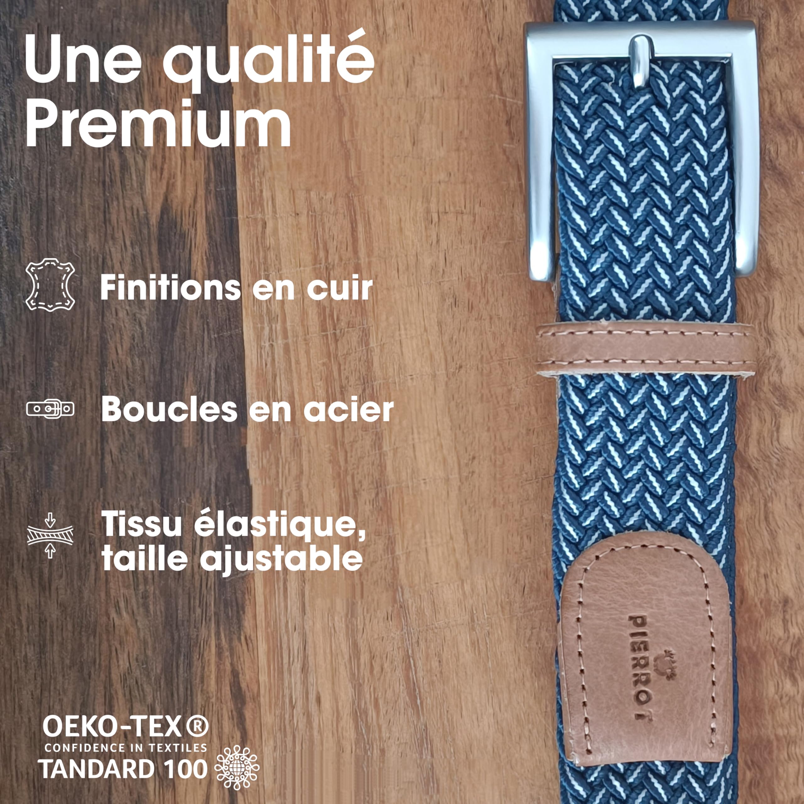 PIERROT Ceinture Tressée Élastique Made in France - Ceinture Elastique pour Hommes Étirable avec Tissu Souple 105cm à 120cm - Fabrication Artisanale Boucle en Acier & Finitions en Cuir