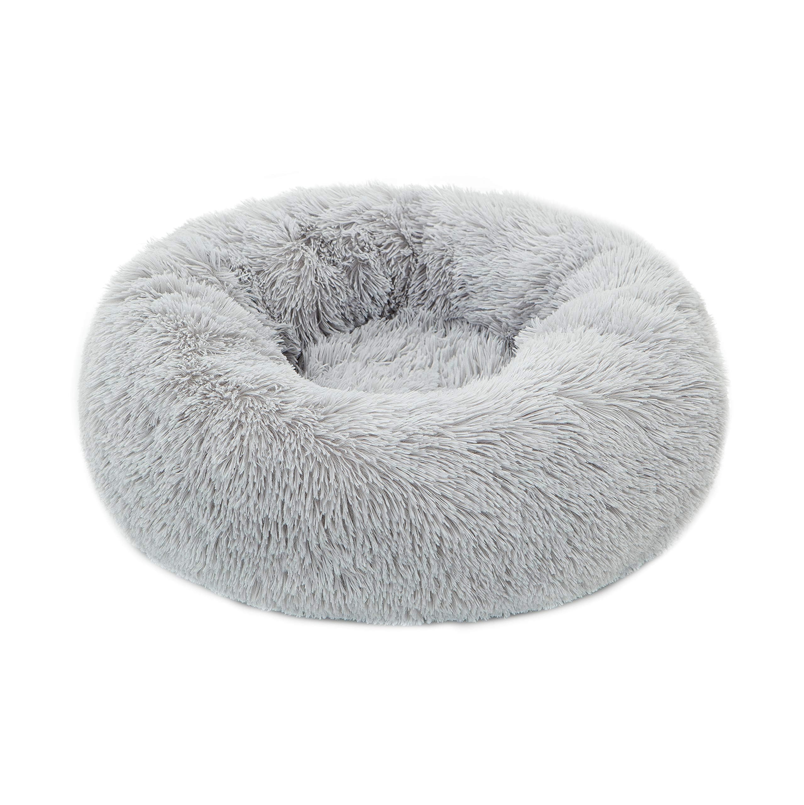 DreamQuil Dog Bed for Extra Large Dogs, Calming Donut Washable Cat Bed Two Tone Shaggy Fluffy fur Round Cuddler Dog Anxiety Relief Pet Cushion Beds, 80cm Diameter, Lt.Grey