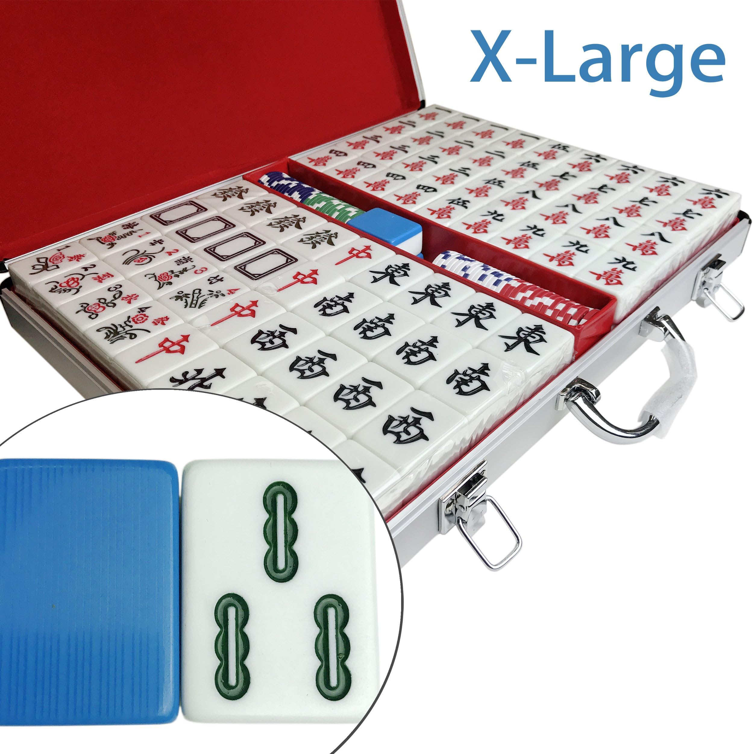 Traditional Chinese Mahjong Set, 144 Easy-to-Read X-Large Tiles, Blue Melamine Texture. Case not inlcuded.