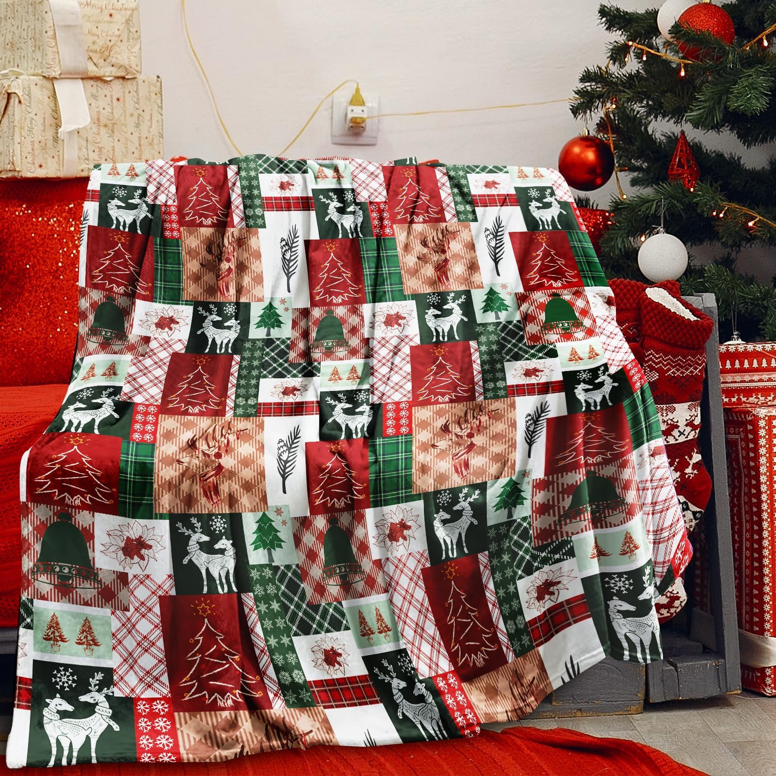 Couverture polaire en flanelle haut de gamme motif patchwork Noël