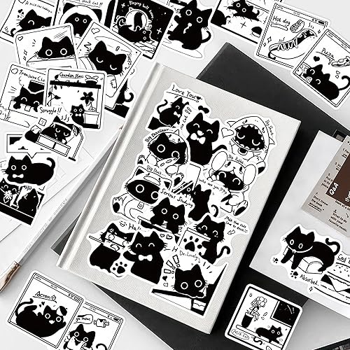 Miniatura 4 de Meme - Calcomanías de gato negro, 50 unidades, lindas calcomanías estéticas para botellas de agua, para niños, niñas, adolescentes, divertidas