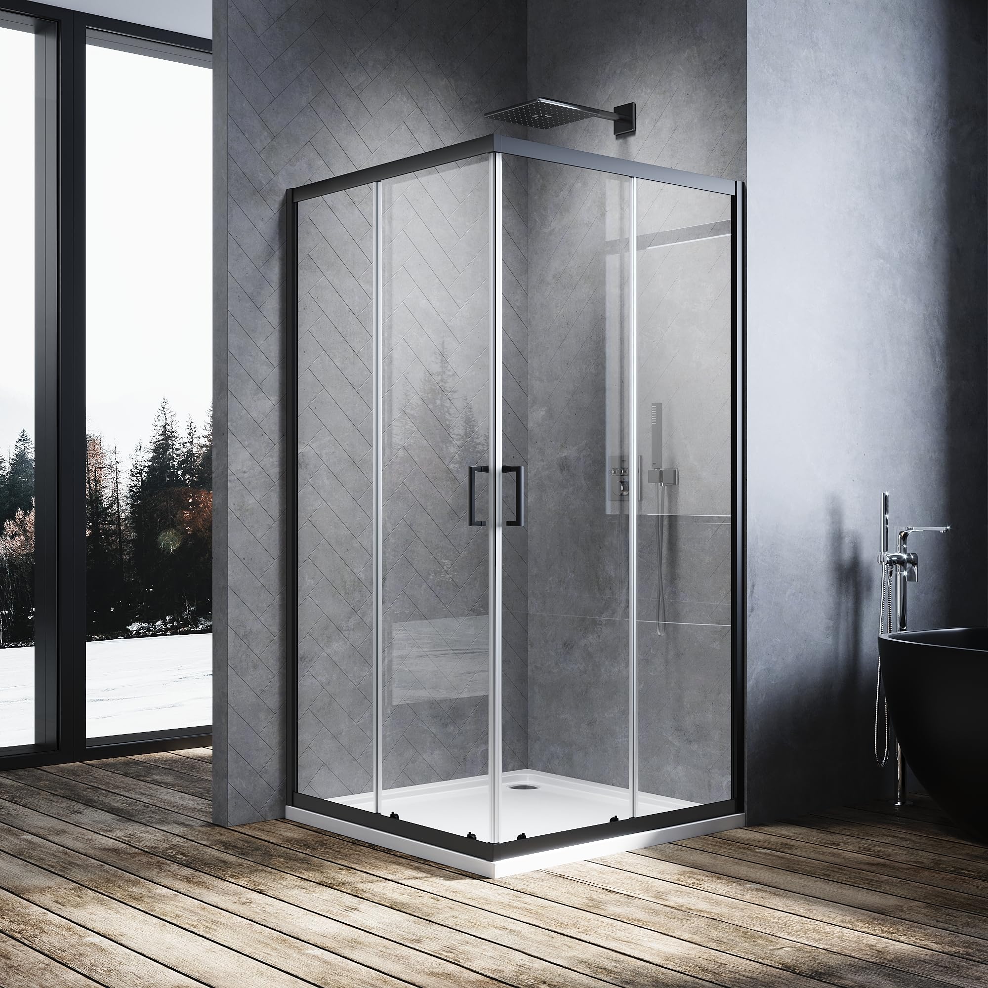 ELEGANT 1000 x 1000 mm Black Sliding Corner Entry Shower Enclosure 6mm Toughened Glass Bathroom Smooth Screen Panel Reversible Shower Cubicle