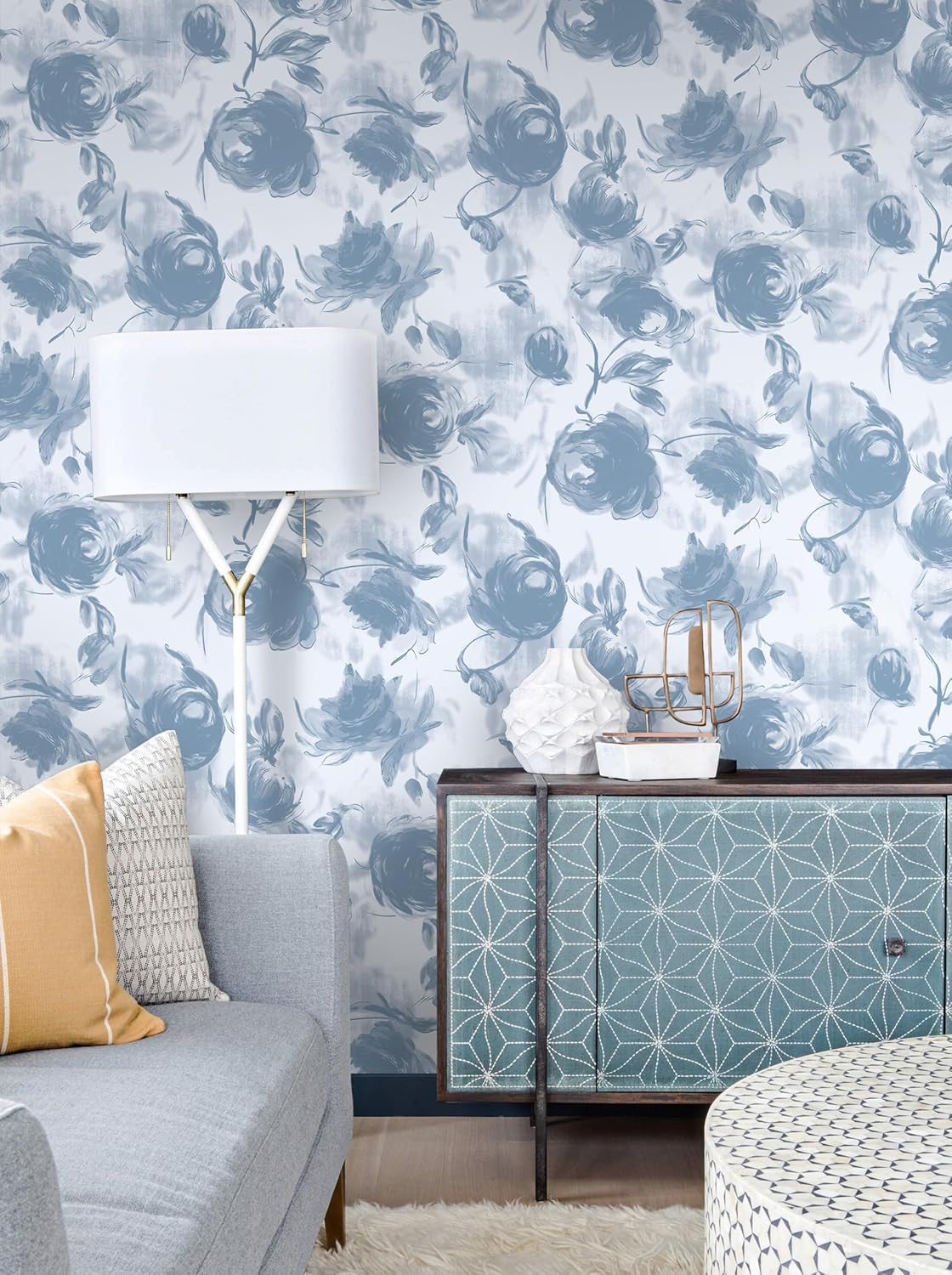 GloryTik Peel and Stick Wallpaper Blue Floral Contact Paper Modern Self-Adhesive Waterproof Wall Paper Blue Large Floral Watercolor Wallpaper for Cabinets Bedroom Bathroom Vinyl Roll 17.3" x 196.8"
