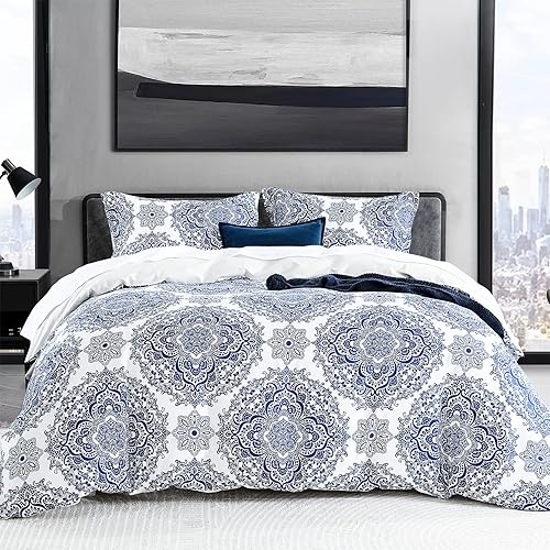 Miniatura 28 de CozyDH Juego de funda de edredón bohemio a rayas grises tamaño Queen, 3 piezas, 100% algodón, ultra suave, transpirable, funda de edredón azteca con