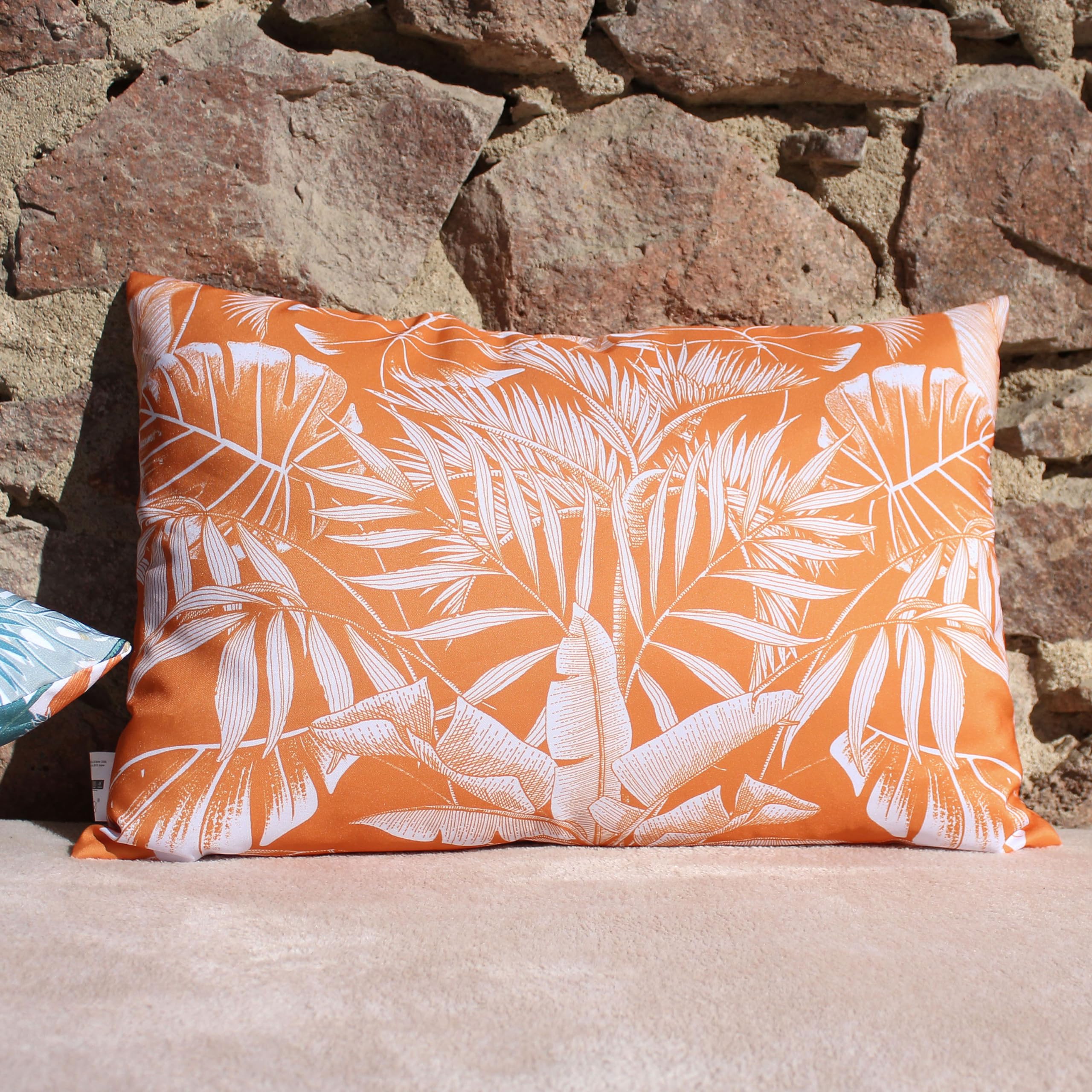ED ENJOY HOME Cuscino rettangolare da esterno decorativo, 40 x 60 cm, stampa tropicale arancione e bianco, sfoderabile, con trattamento idrorepellente e anti-UV, collezione giardino Borneo