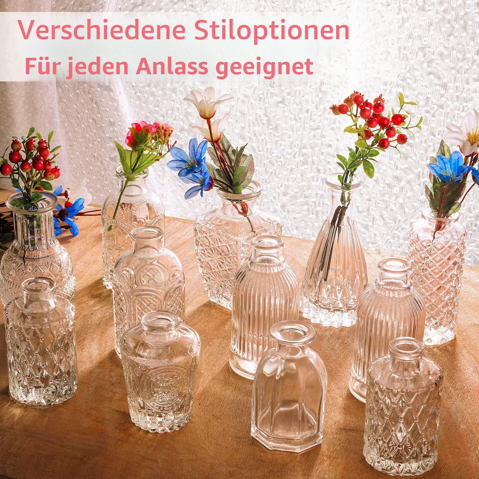 Glasvasen-Set, 24 Stück, kleine Glasvase für Blumen, Knospenvasen in Großpackung, Vintage-Blumenflasche, kleine Glasvase für Blumenarrangements, dekorativer Mittelpunkt, Dekoration für