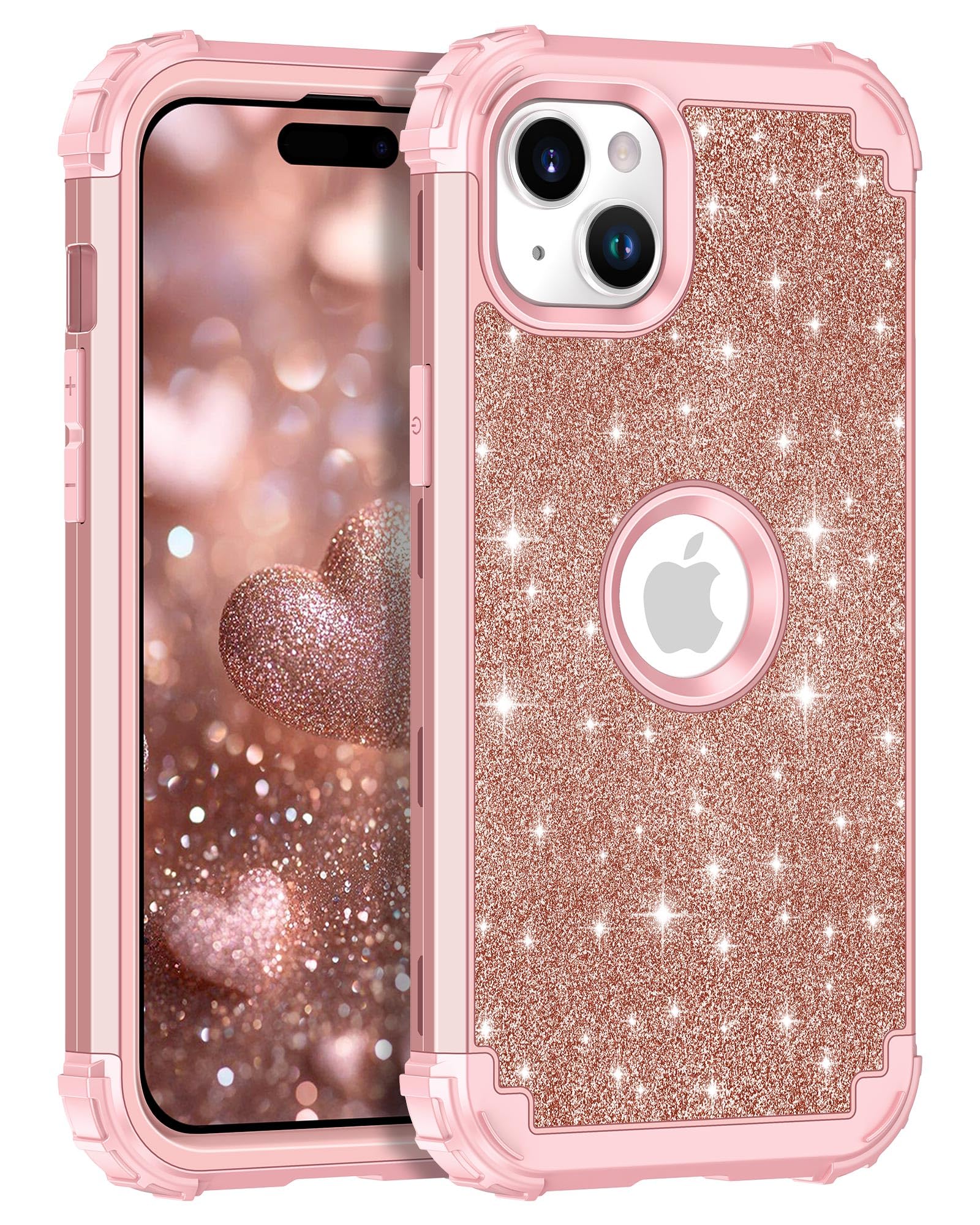 LONTECT for iPhone 15 Plus Case Glitter Sparkly Bling 3 in 1 Shockproof Heavy Duty Hybrid Sturdy High Impact Protective Cover Case for Apple iPhone 15 Plus,Rose Gold