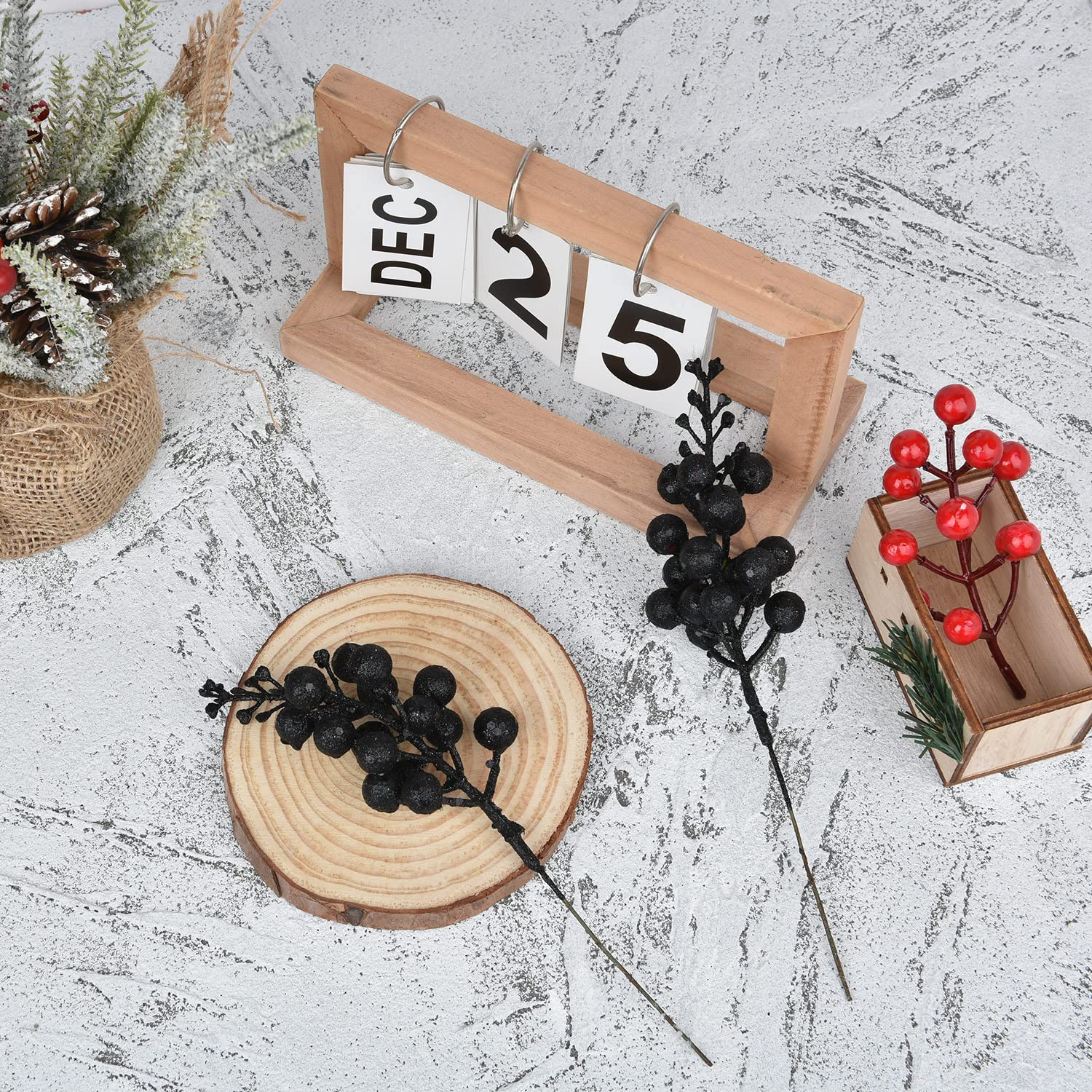 DearHouse 14 sztuk świątecznych brokatowych jagód, łodyg, 18 cm sztuczne kostki świąteczne do ozdób choinkowych, DIY, wieniec bożonarodzeniowy, rękodzieło, dekoracje świąteczne i domu (czarne)
