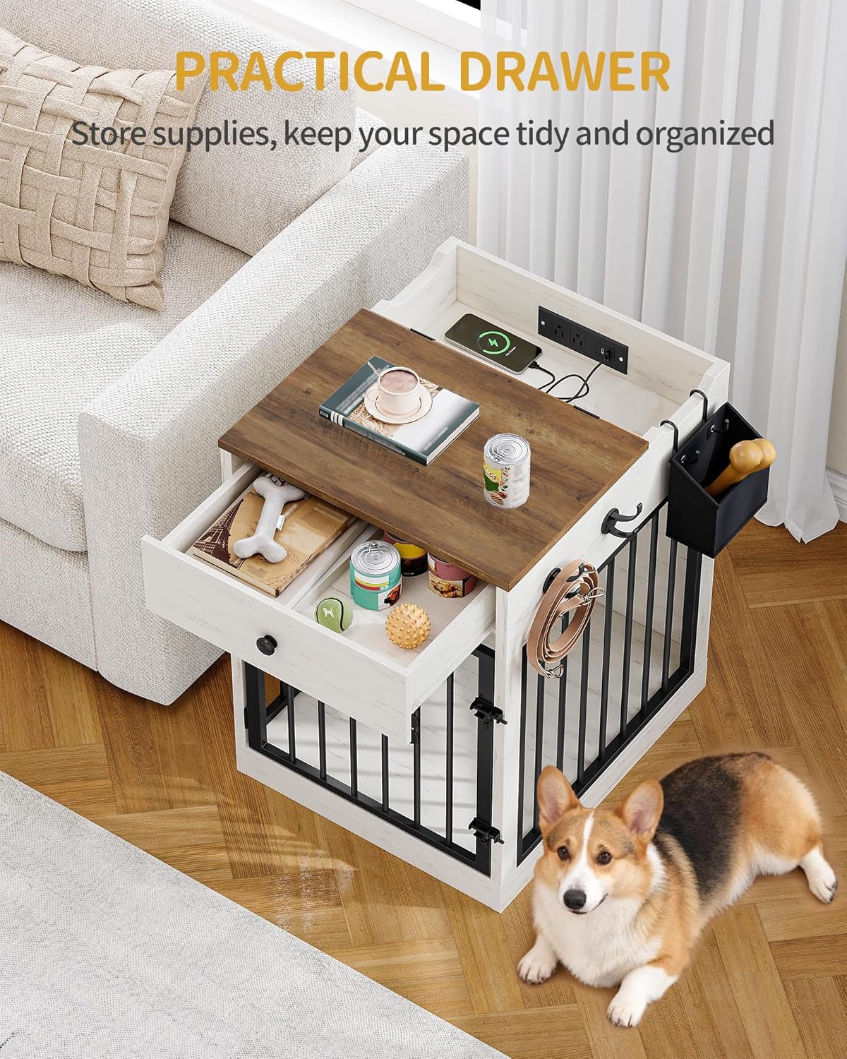 24.6'' Dog Crate Furniture with Charging Station, Dog Kennel Indoor with Flip-Top Storage, Wooden Pet Cage Dog House End Side Table for Small Dogs Anti-Chew Anti-Escape, White Brown DFC90114B