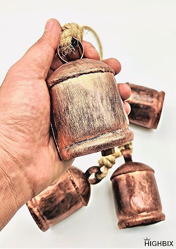 Miniatura 5 de HIGHBIX Harmony - 4 campanas de vaca en racimo en cuerda, grandes, rústicas, vintage, campanas de vaca de la suerte en cuerda para colgar en la
