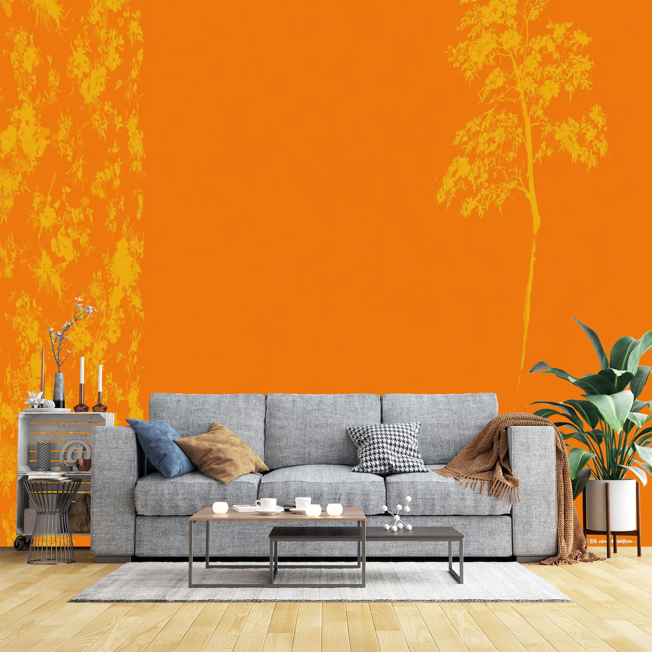 Custom Size Wall Murals Orange Sugar Skull with Floral Pattern Wall Murals Day of the Dead Art Wallpaper, Full Wall Self-Adhesive Removable Wallpaper for Bedroom