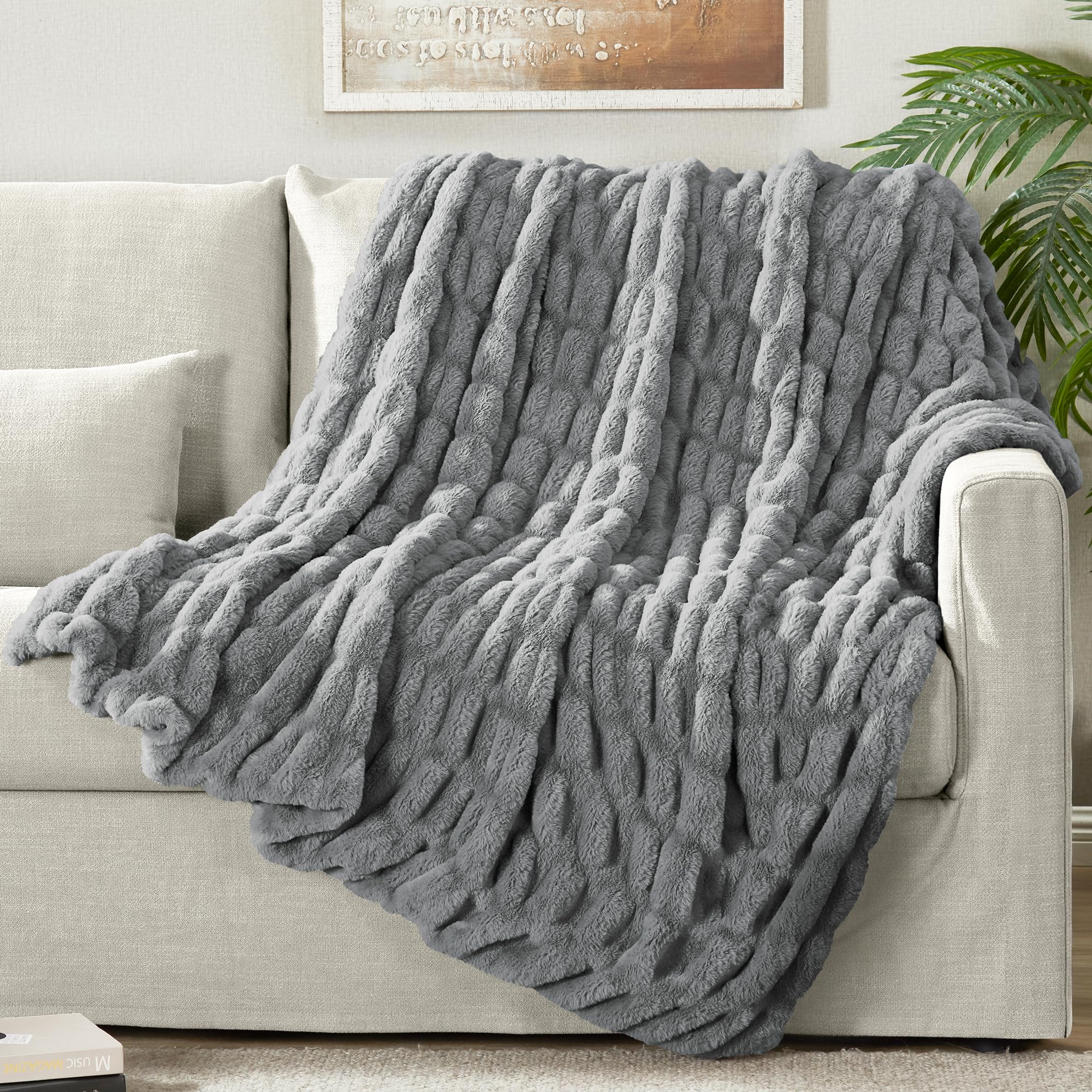 DREAMNINE Solid Grey Fuzzy Ruched Faux Rabbit Fur Blanket 50" x 60", Luxury Puffy Fluffy Fake Fur Ruffled Blankets, Washable & Soft, Thick Warm Furry Blankets for Winter Gift Women Kid Adult Pet, Gray