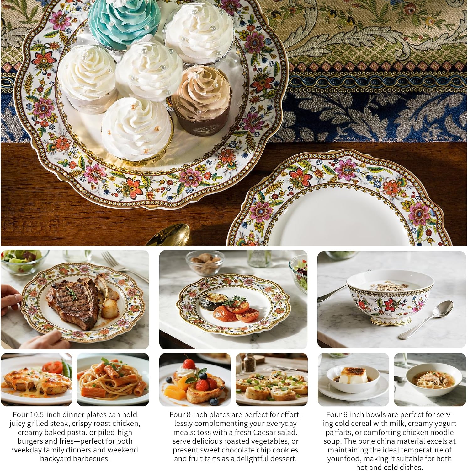 ACMLIFE Fine China Dinnerware Sets, Bone China Plates and Bowls Set, French Style Vintage Floral Plate Set, Gifts Mother's Day for Women, Lightweight 12-Piece Service for 4 with 24K Gold Trim(Pink)