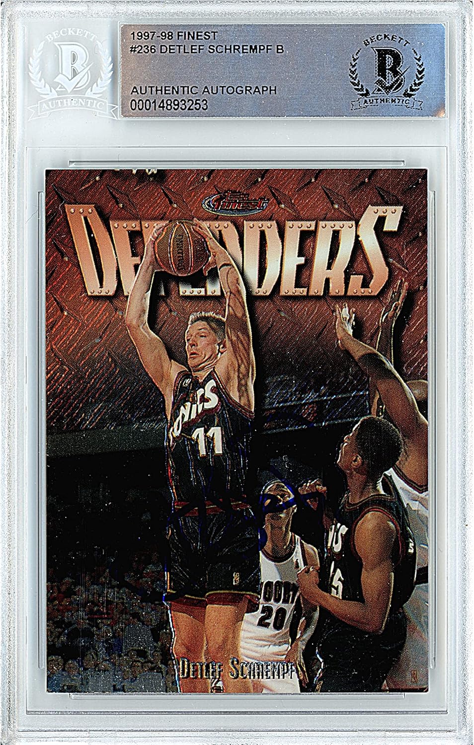 Detlef Schrempf Autographed 1997 1998 Topps Finest Defenders #236 Basketball Trading Card Beckett BAS Authentic Slabbed COA Played For Seattle SuperSonics NBA