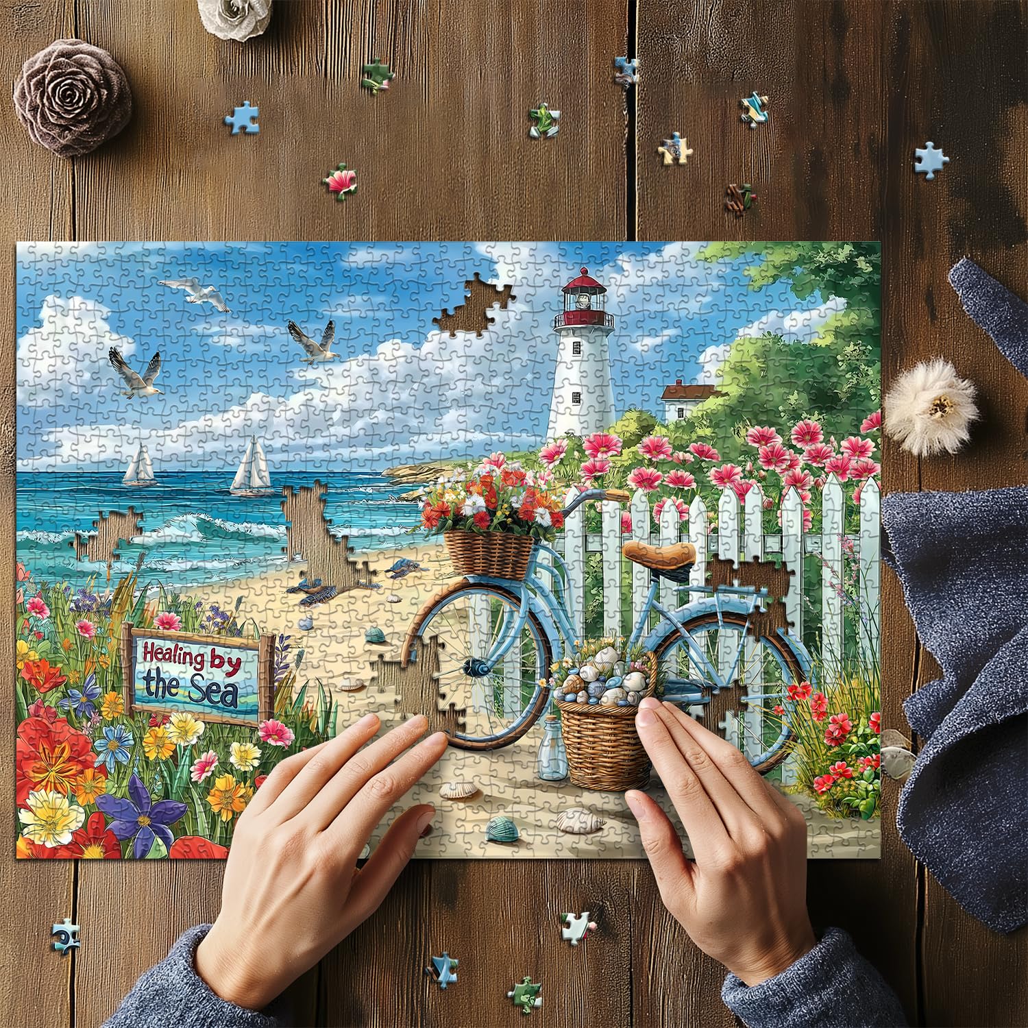 PICKFORU Beach Puzzles for Adults 1000 Pieces, Coastal Lighthouse Puzzle with Flowers Bike Sea Turtle, Nature Summer Ocean Jigsaw Puzzles, Seaside Scenery Challenge for Adults - Image 6