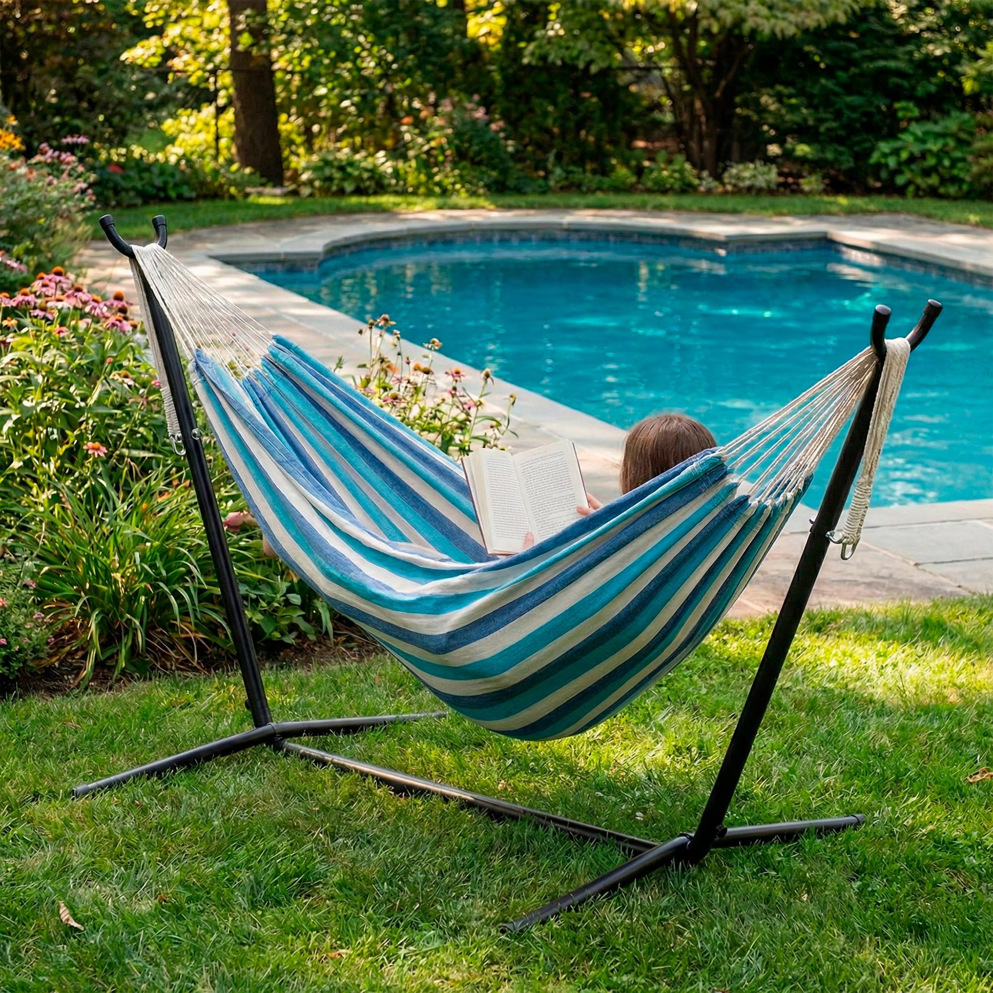 AKTIVE Vivac 63204 Hamac extérieur, 260 x 108 x 102 cm, pour 2 Personnes, Structure en Acier autoportant, Tissu à Rayures Polyester, supporte 250 kg, kit Camping, chaises Longues de Jardin extérieur