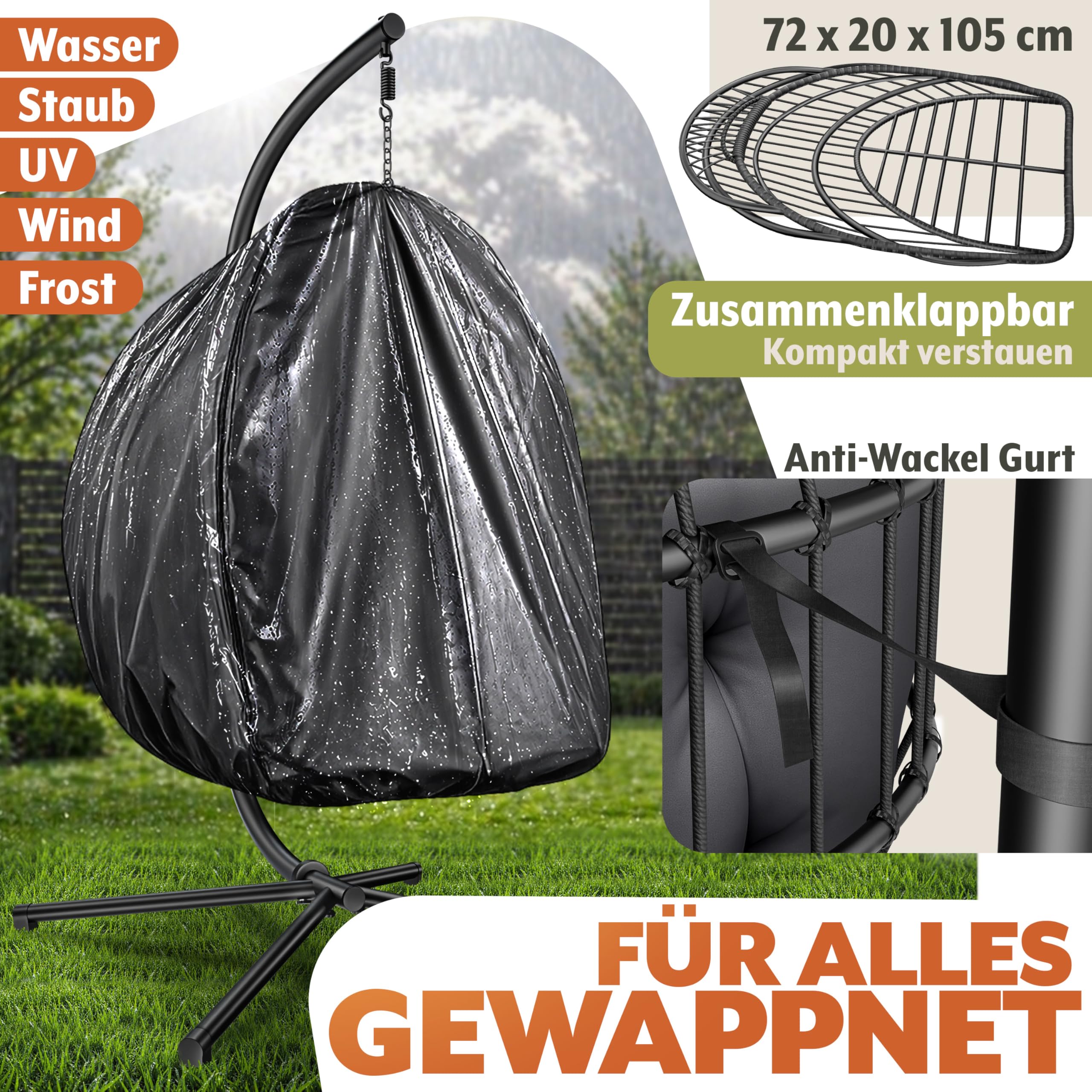 ELONEO Hängesessel mit Gestell und Premium Polster, Hängesessel Outdoor und Indoor inkl. Abdeckplane, Hängeschaukel Outdoor belastbar bis 160kg, Hanging Chair, anthrazit