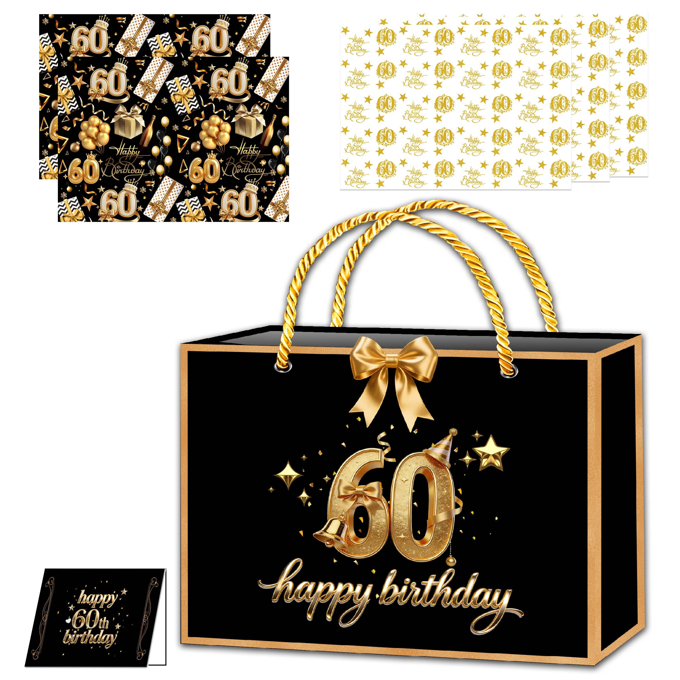 Black Gold 60th Birthday Gift Bag with Handles, 60th Birthday Gift Bag 60thBirtday Wrapping Paper,Tissue Paper,Ribbon and Birthday Card for Girls Women Birthday-Gifts Wrapping
