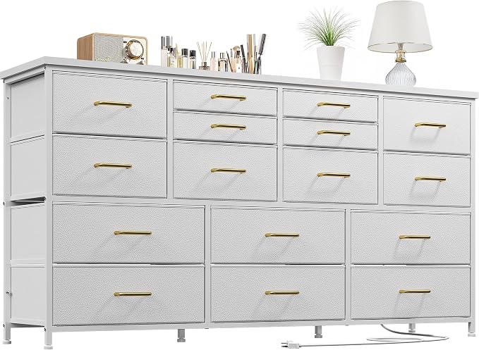 EnHomee Dressser for Bedroom Dresser with 16 Drawers TV Stand for Bedroom for 60" TV Long Dressers & Chests of Drawers Large Dresser with Charging Station, 51.1" W*11.8" D*34.8" H, White