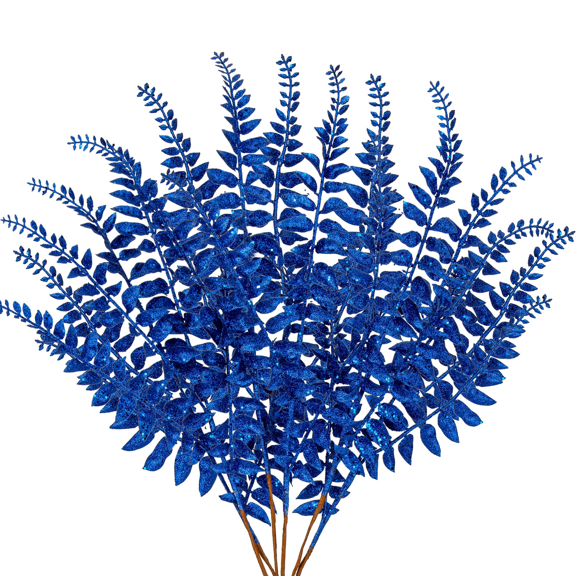 DILATATA 6Pcs Christmas Glitter Leaves Boston Fern Leaves 25" Artificial Royal Blue Fern Leaf Picks Sprays Giltter Stems for Christmas Tree DIY Xmas Wreath Garland Home Decor - Royal Blue