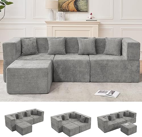 Miniatura 19 de Sofá Modular Seccional Nube para Sala de Estar - Juego de Sofás de Chenilla Convertible de 4 Plazas de 130'' con Otomana, Sofás de Compresión sin