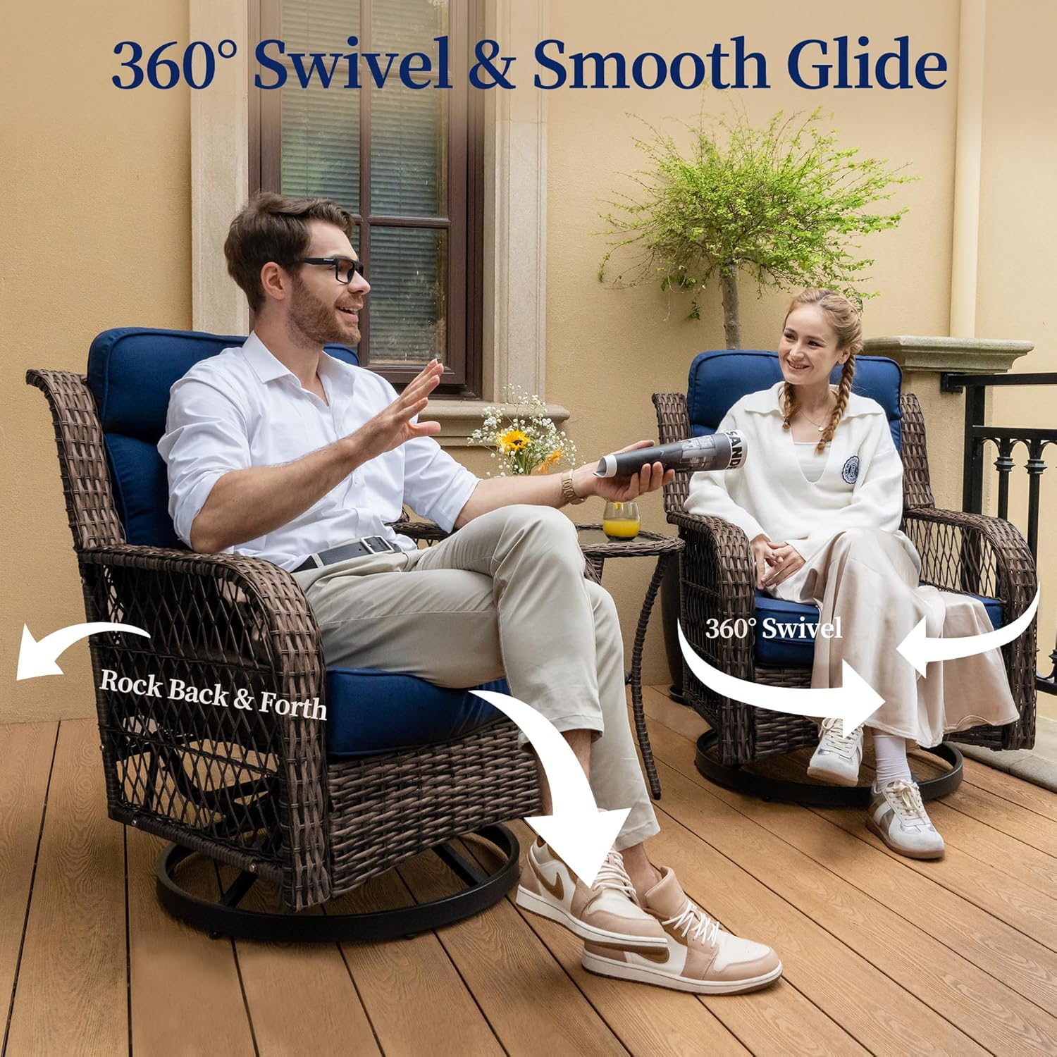 PIZZELLO Outdoor Rocking Chairs Set of 3 Wicker Swivel Chair Patio Furniture Set with Rattan Coffee Table, Gliding Bistro Sets for Outside Porch Deck, 5" Thick Cushion and 25" Full Support Back