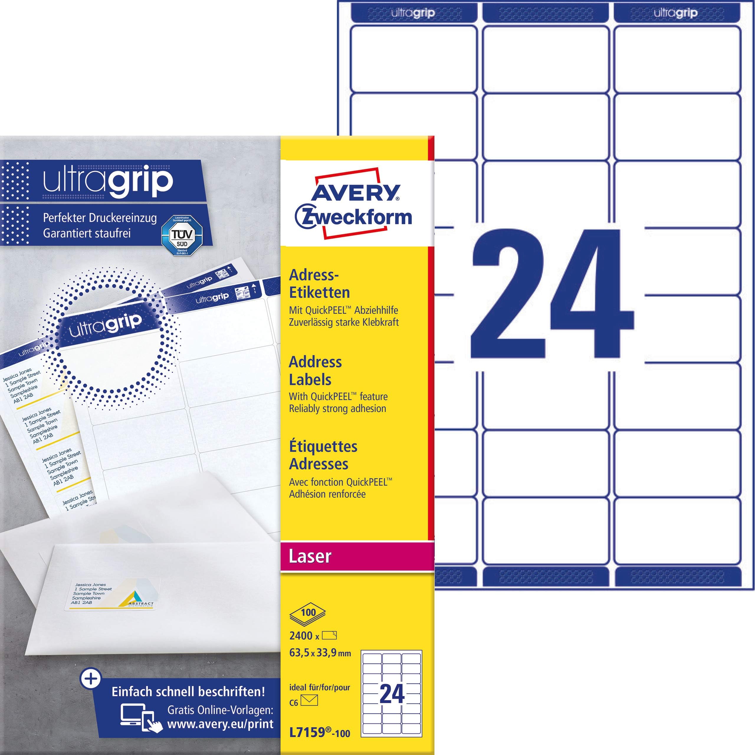 AVERY ZweckformL7159-100 Address Labels 100 Sheets 2400 Labels 63.5 x 33.9 mm White