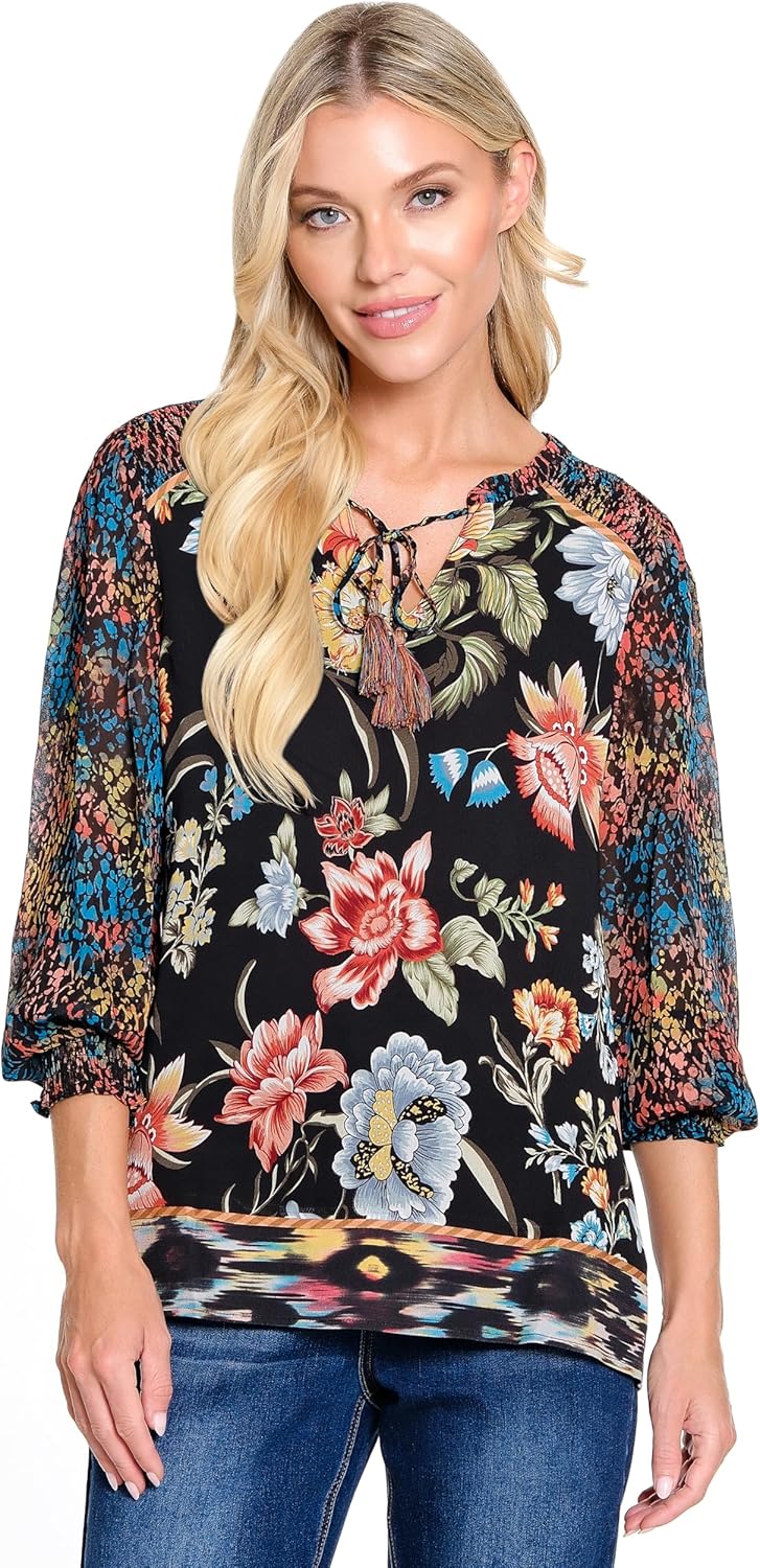 john mark womens Mix Print Tunic With Shirring Details Tassel Ties and Long Sleeves
