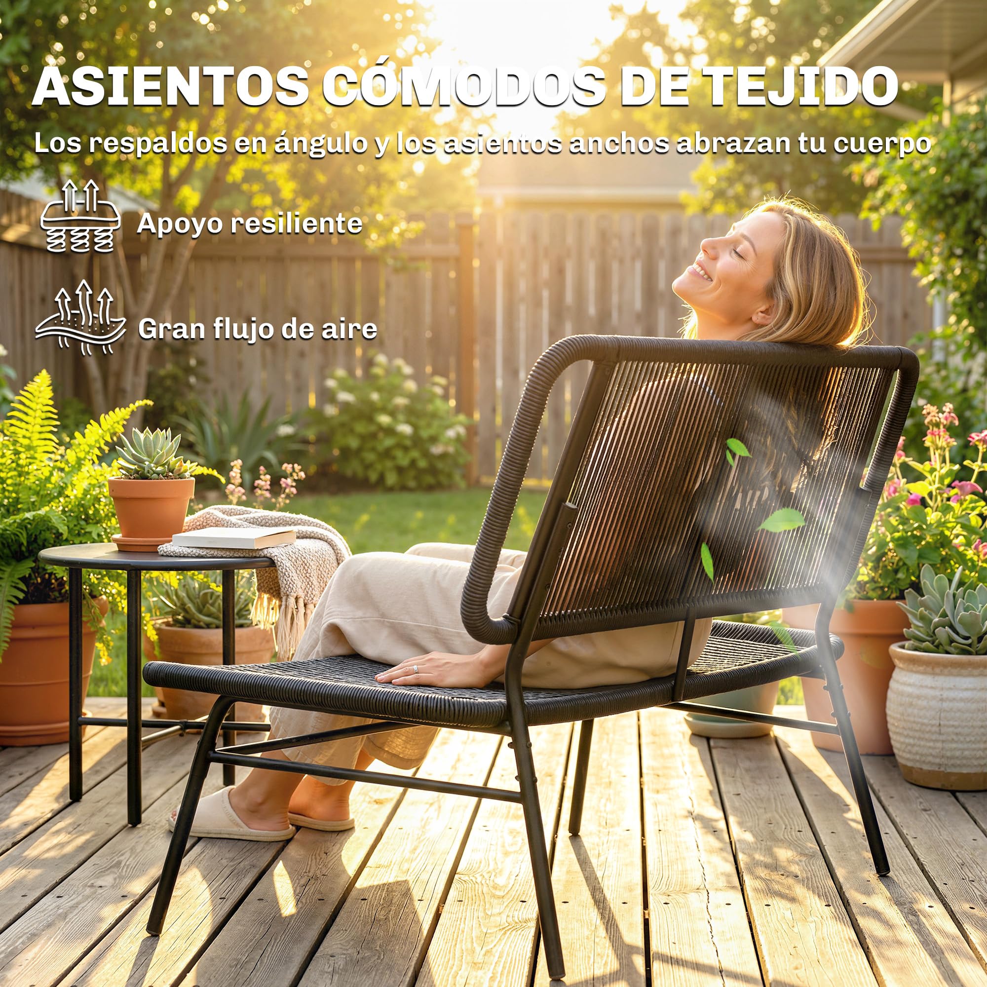 Outsunny Banco Exterior de Ratán de 2 Plazas de Jardín Ratán PE Negro | Respaldo Tejido Ratán PE, Estructura de Acero, Carga 240 kg, para Balcón Porche Patio