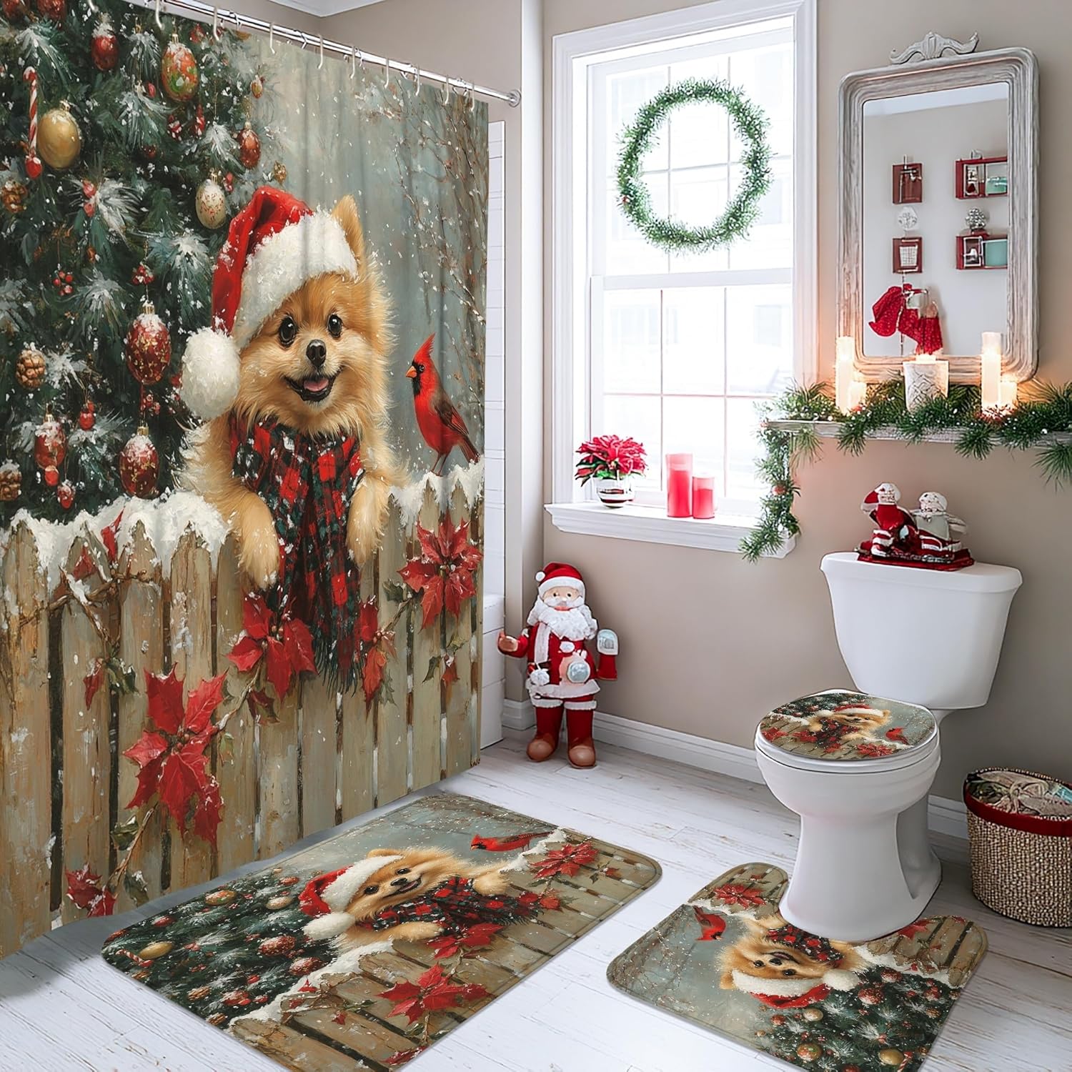 4PCS Christmas Pomeranian Dog Bathroom Sets with Non-Slip Rug, U Shape Toilet Lid Cover Mat, Xmas Farmhouse Cardinal Puppy Bathroom Decoration 72''x72''