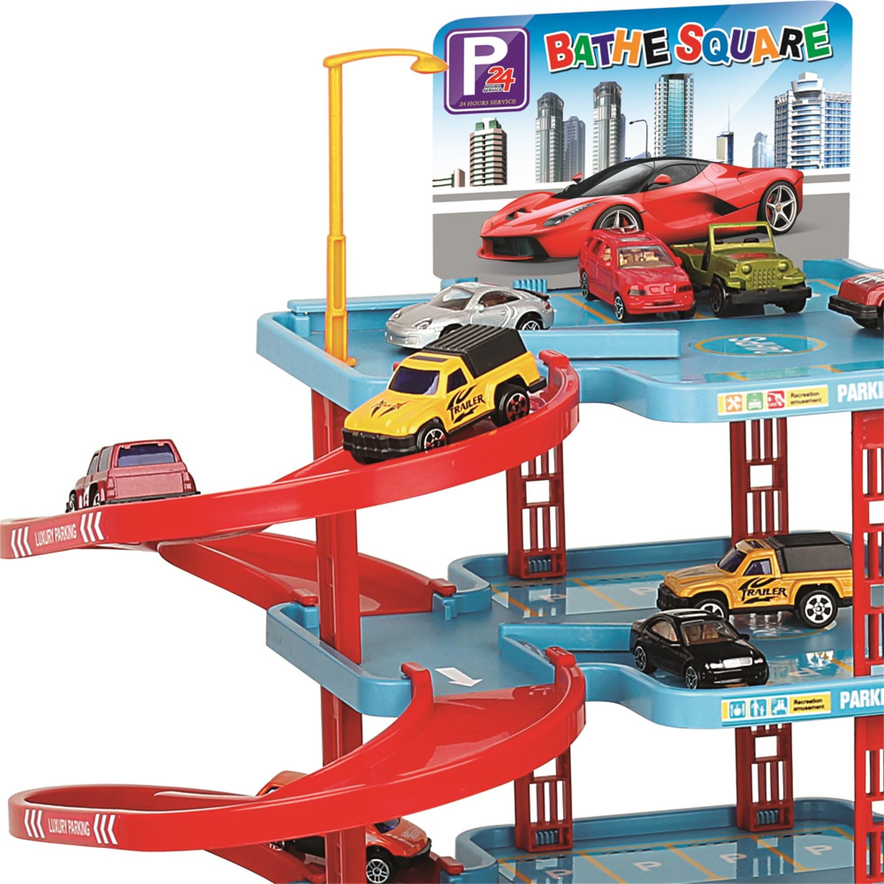 Parcheggio giocattolo per bambini con 4 livelli, ascensore e stazione di servizio, set da gioco incl. 4 auto in metallo e un elicottero, garage per auto con piazzola di atterraggio per elicotteri per