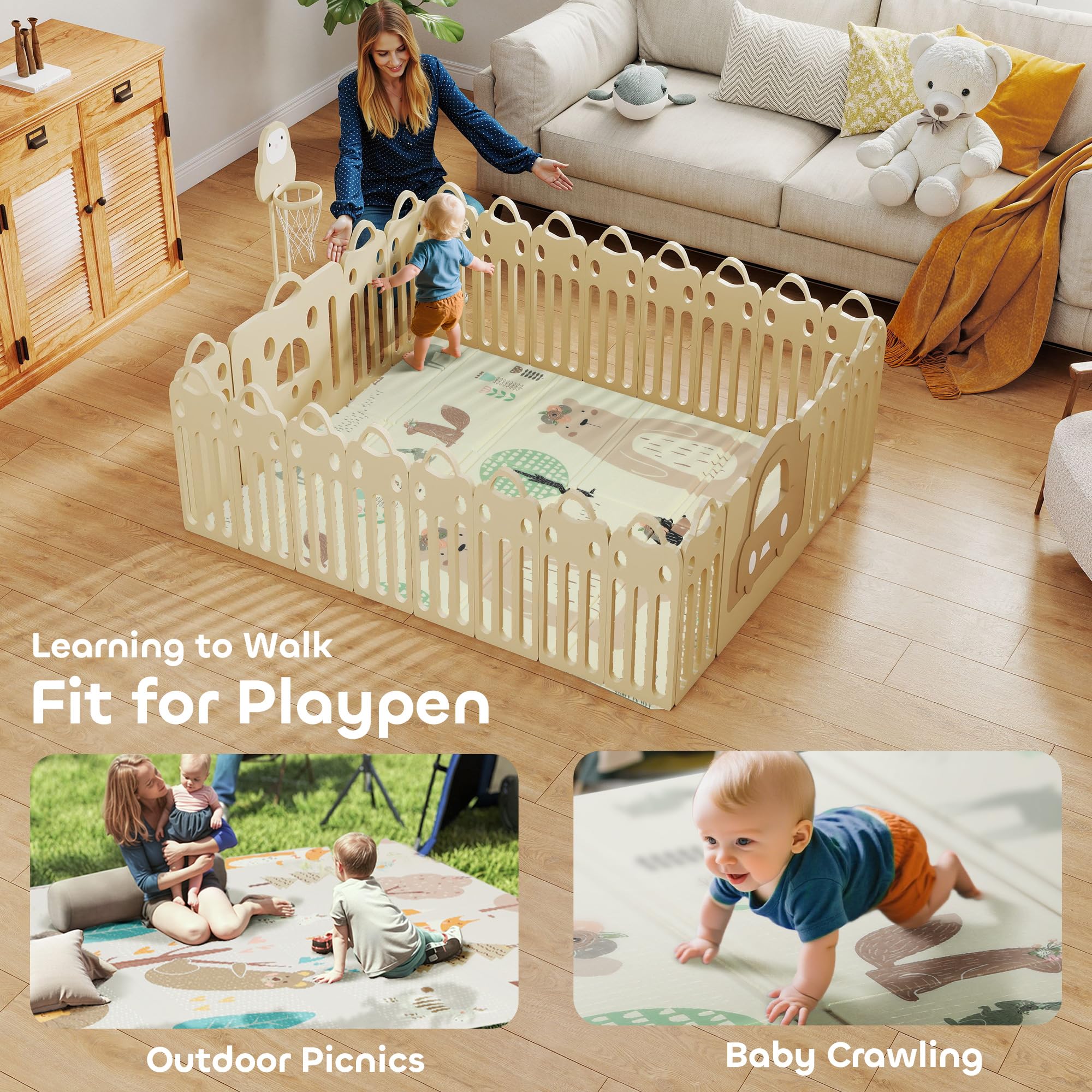 AIYAPLAY Baby-Spielmatte faltbar 177 x 146 x 1,5 cm Tiermotiv | Doppelseitig, wendbare Spielmatte, wasserdichte Schaumstoff-Krabbelmatte, für Innen & Außen Picknick