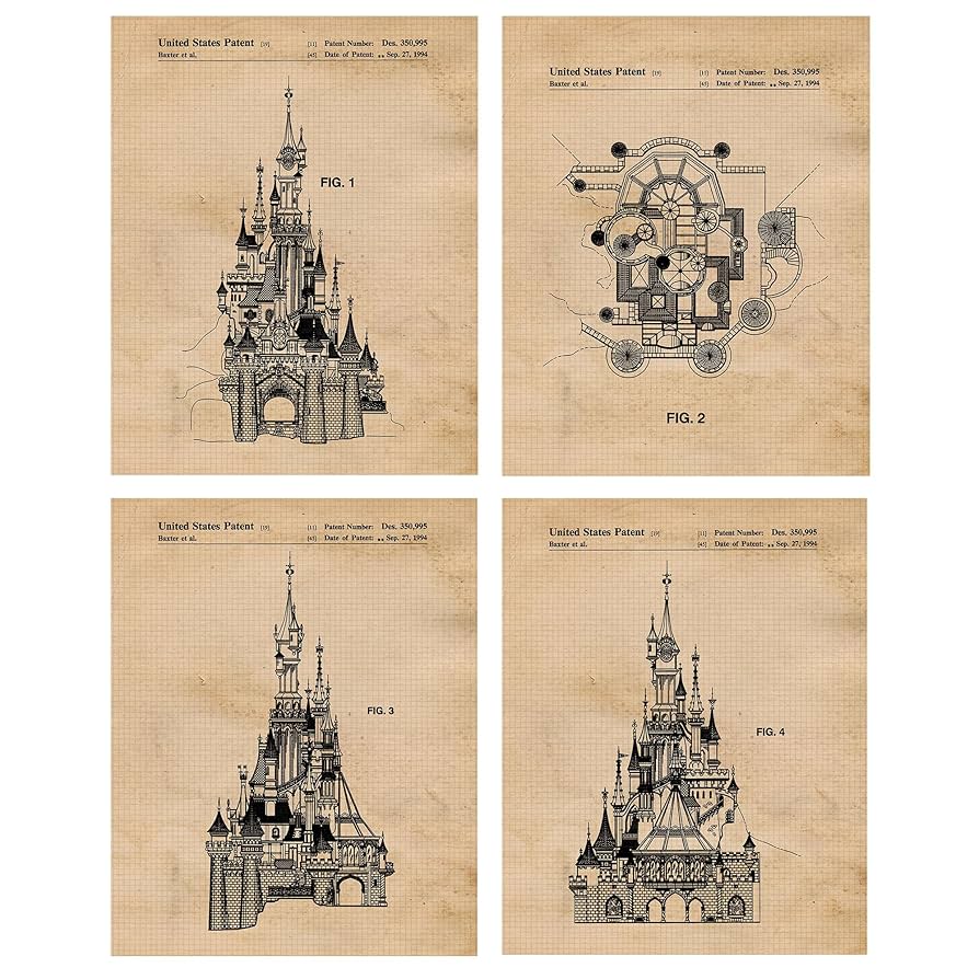 Vintage Sleeping Beauty Castle Vintage Patent Prints, 4 (8x10) Unframed Photos, Wall Art Decor Gifts Under 20 for Home Disney Office College Student Teacher Amusement Park Architecture Design Fans